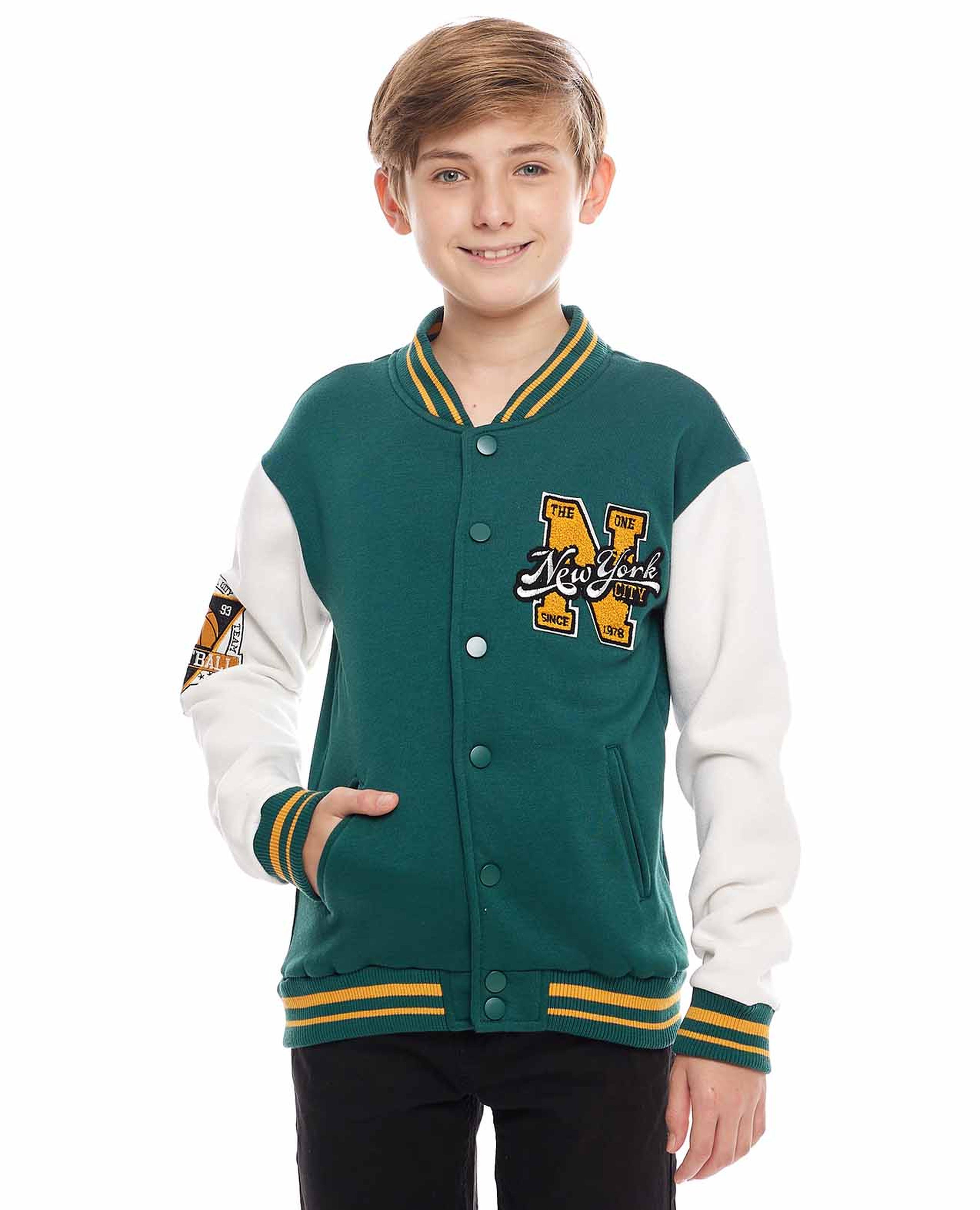 Embroidered Varsity Jacket with Snap Closure