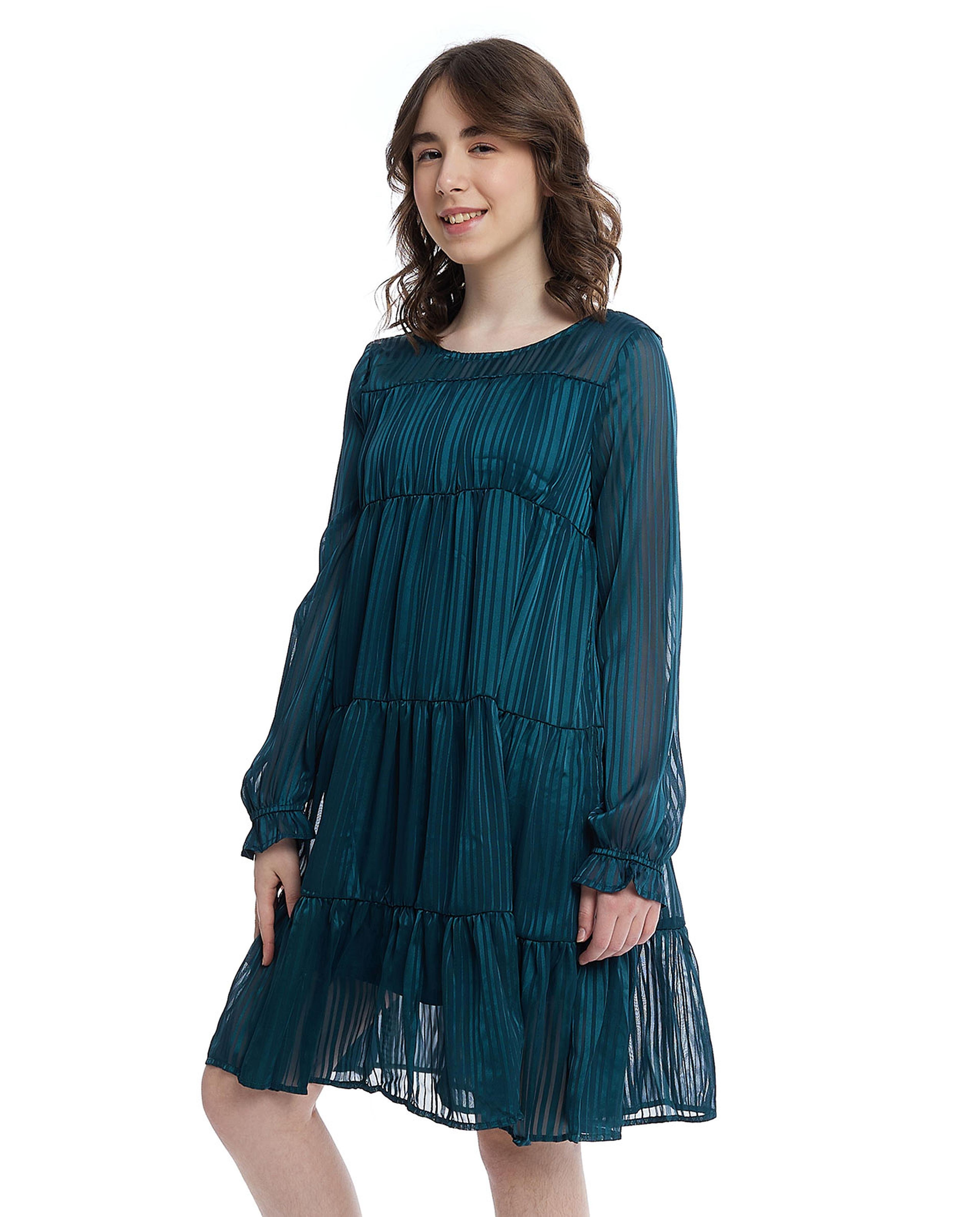 Self Striped Tiered Dress with Crew Neck and Long Sleeves