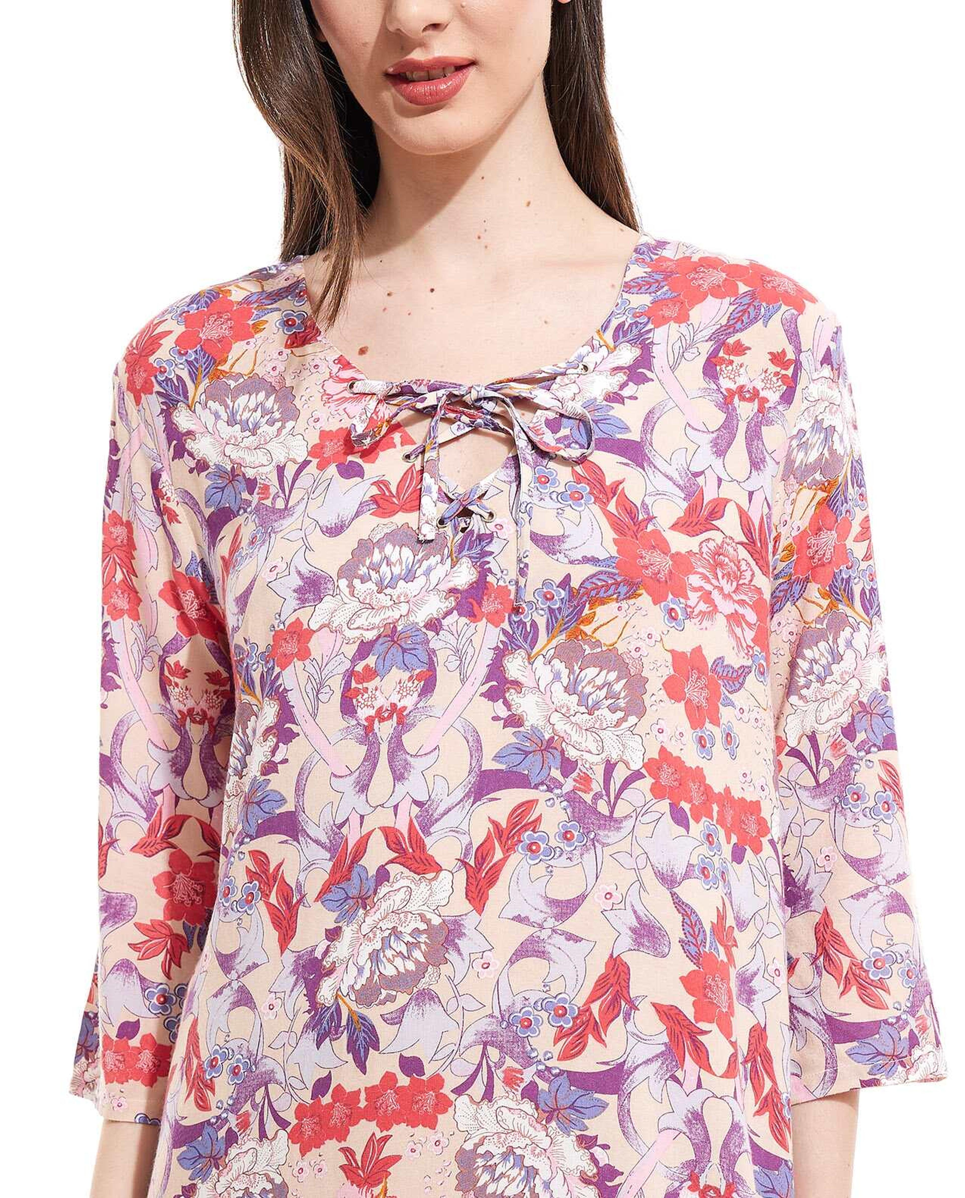 Printed Nightgown with Lace Up Neck and Long Sleeves