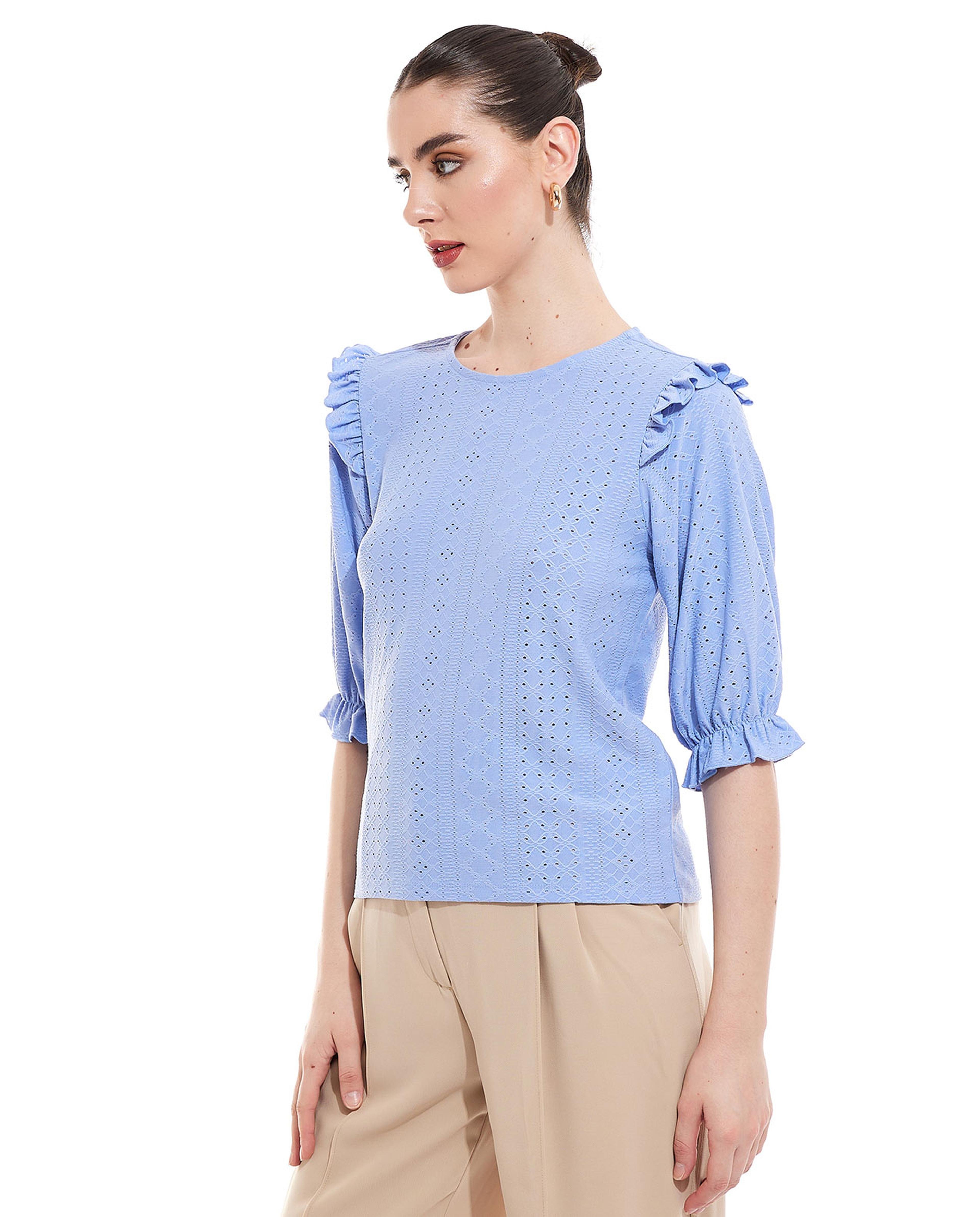 Schiffli Top with Crew Neck and Short Sleeves