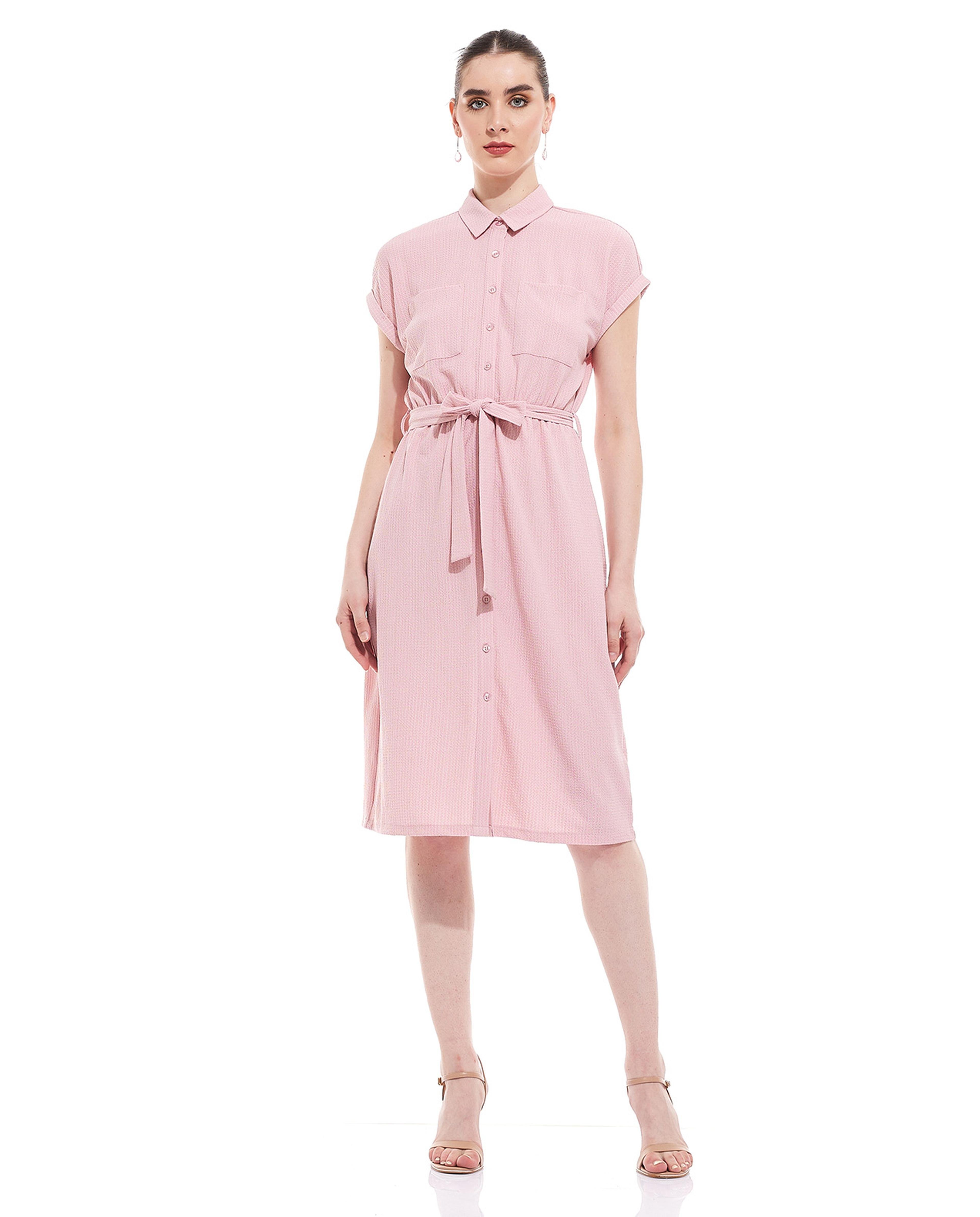 Belted Shirt Dress with Short Sleeves