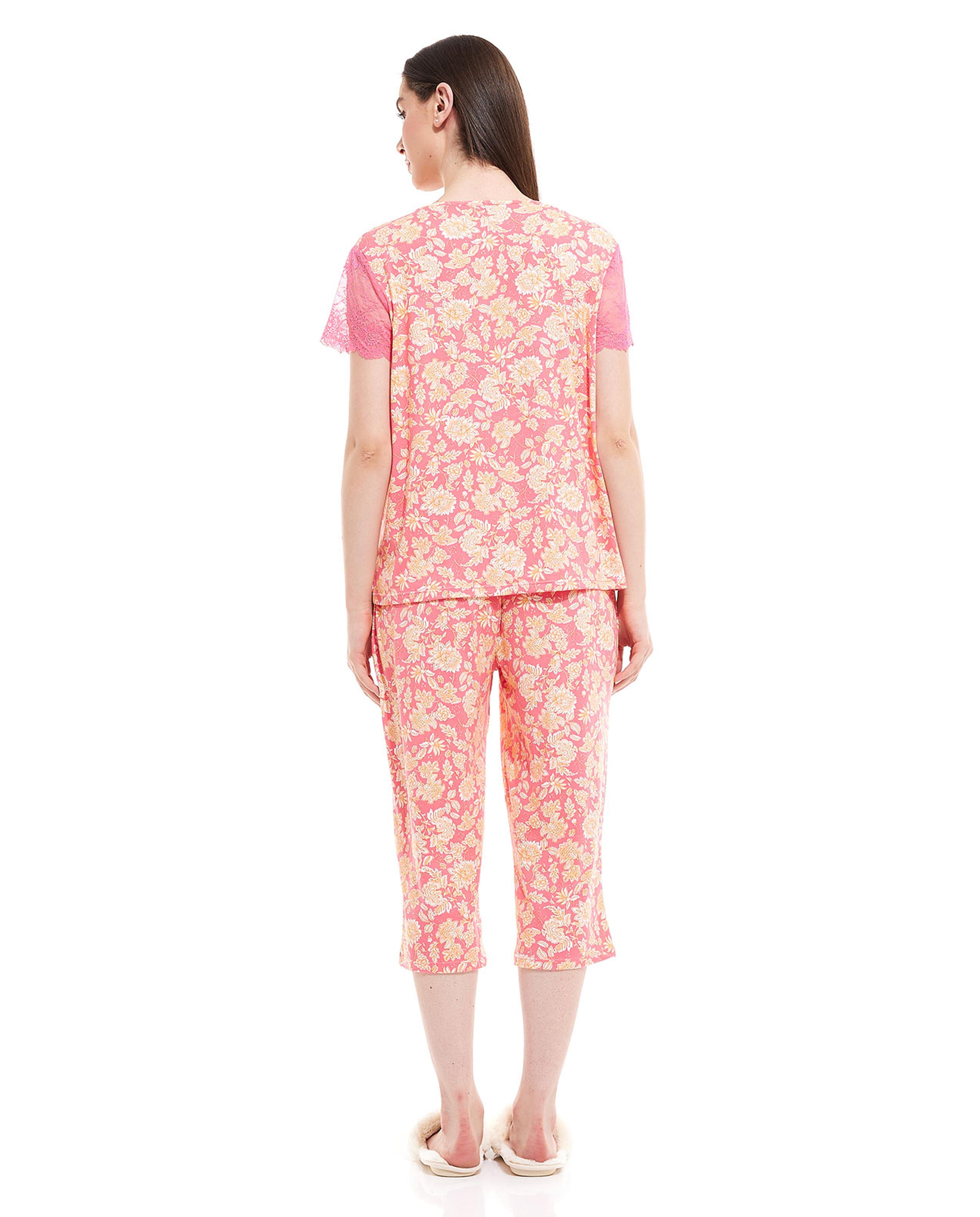 Floral Printed Capri Pajama Set with Lace Sleeves