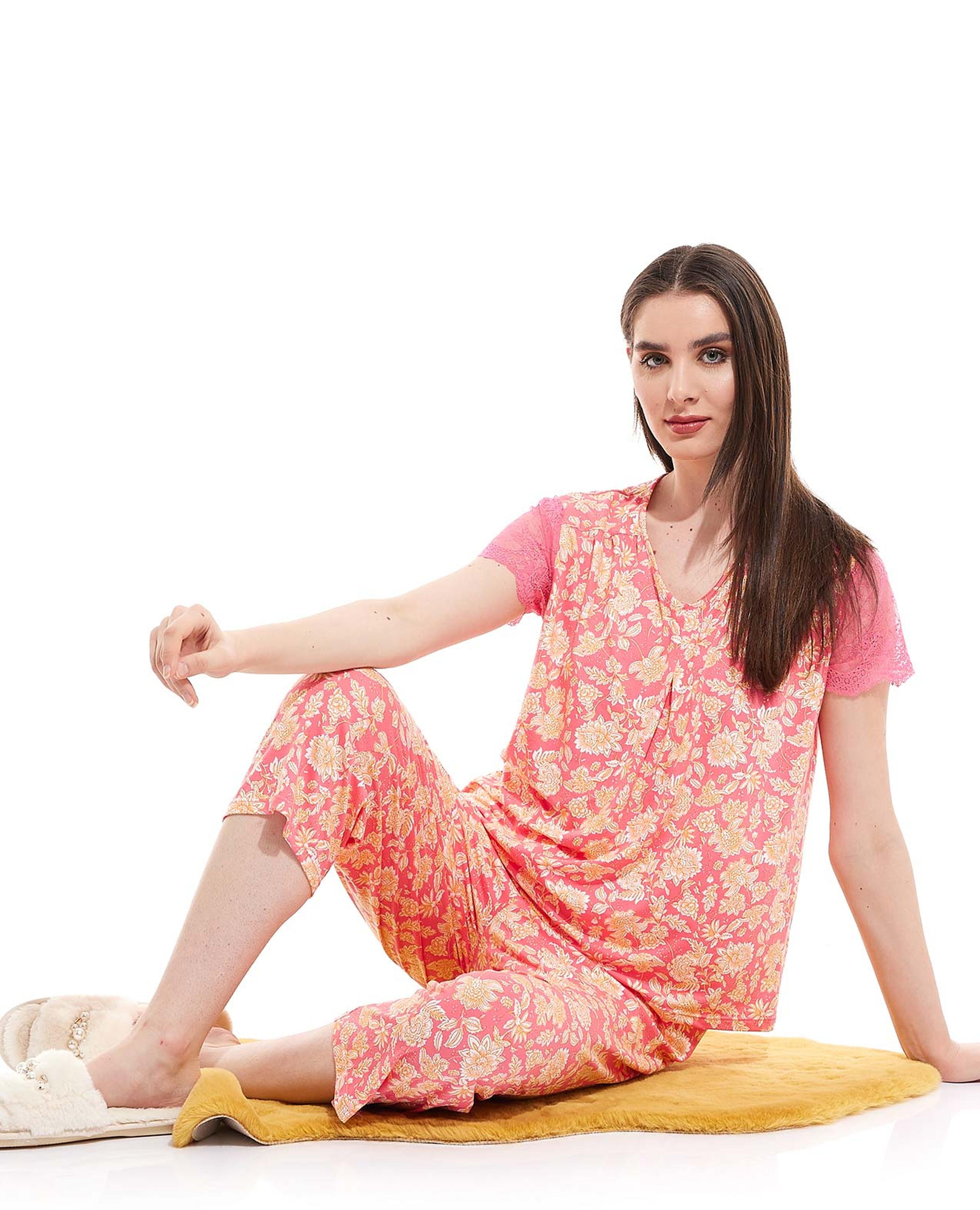 Floral Printed Capri Pajama Set with Lace Sleeves