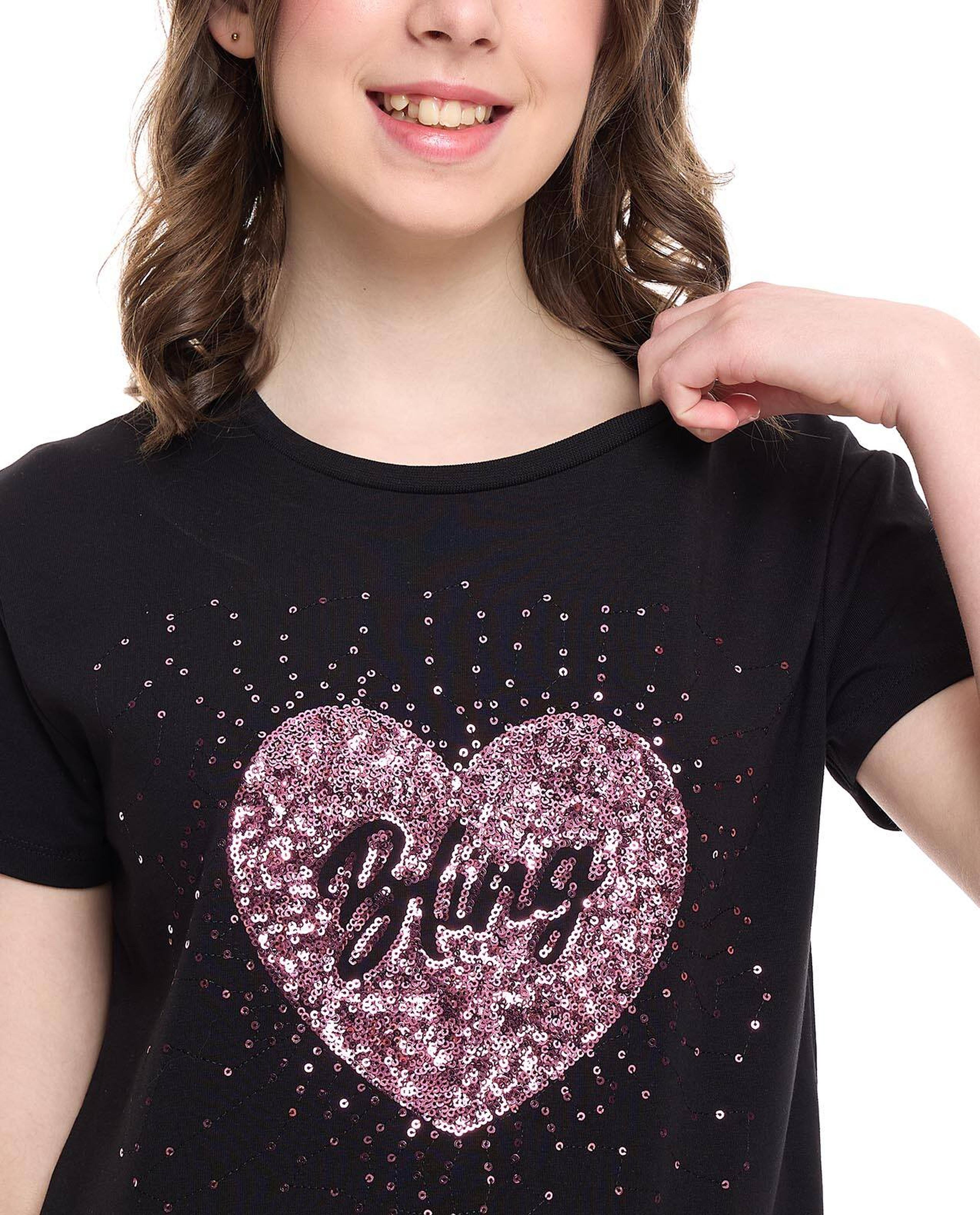 Sequined T-Shirt with Crew Neck and Short Sleeves