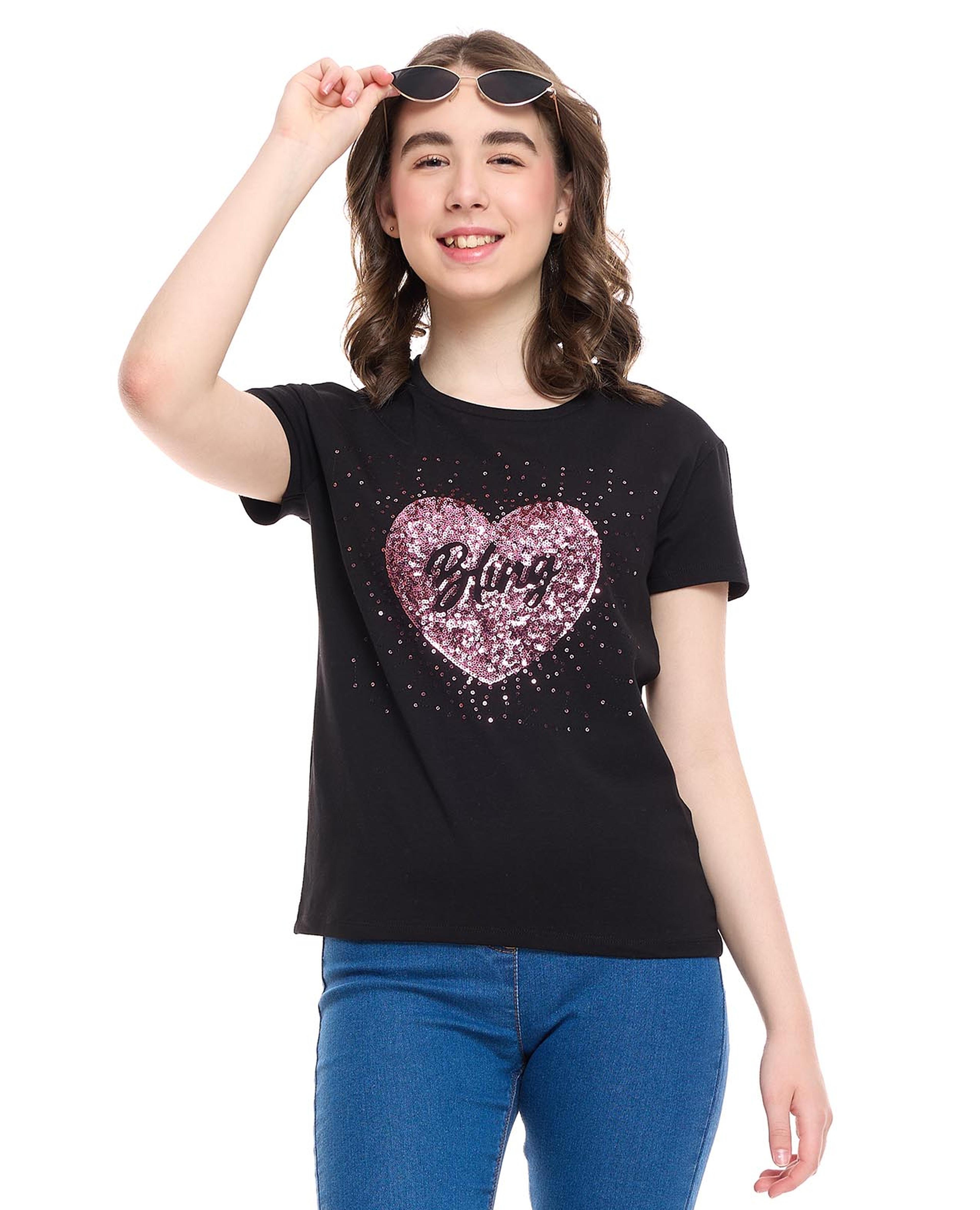 Sequined T-Shirt with Crew Neck and Short Sleeves