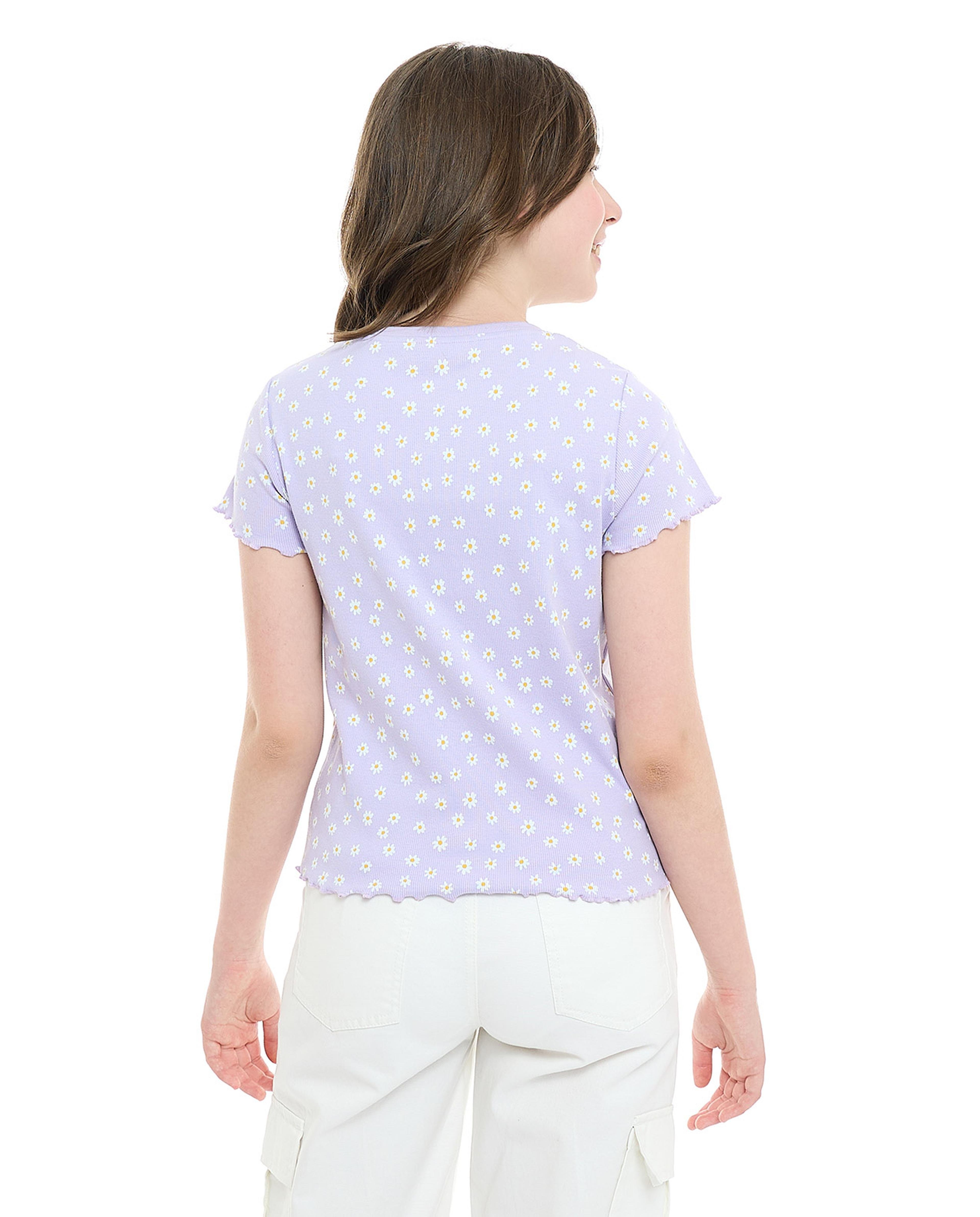 Floral Print Top with Crew Neck and Short Sleeves
