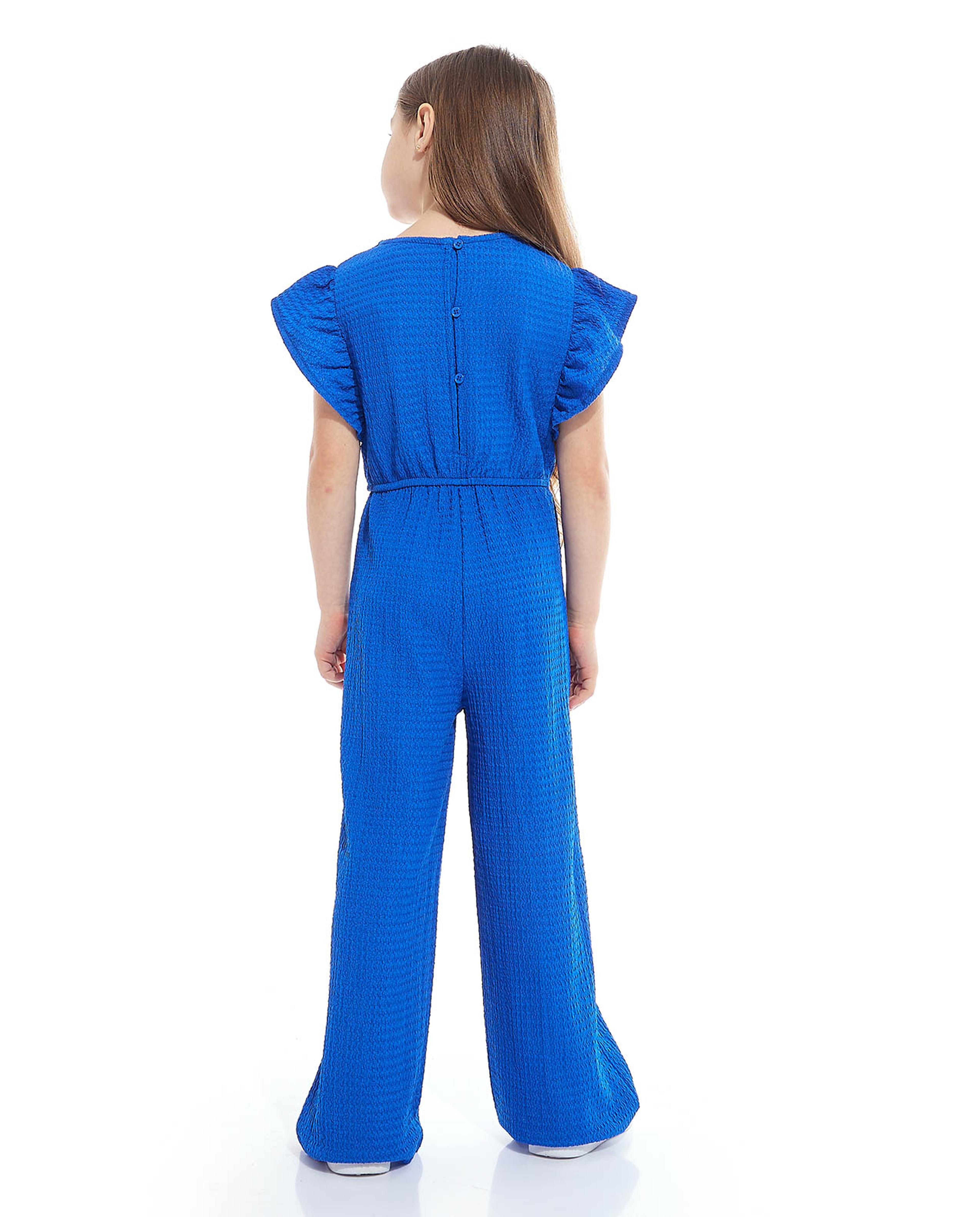 Textured Jumpsuit with Round Neck and Flutter Sleeves