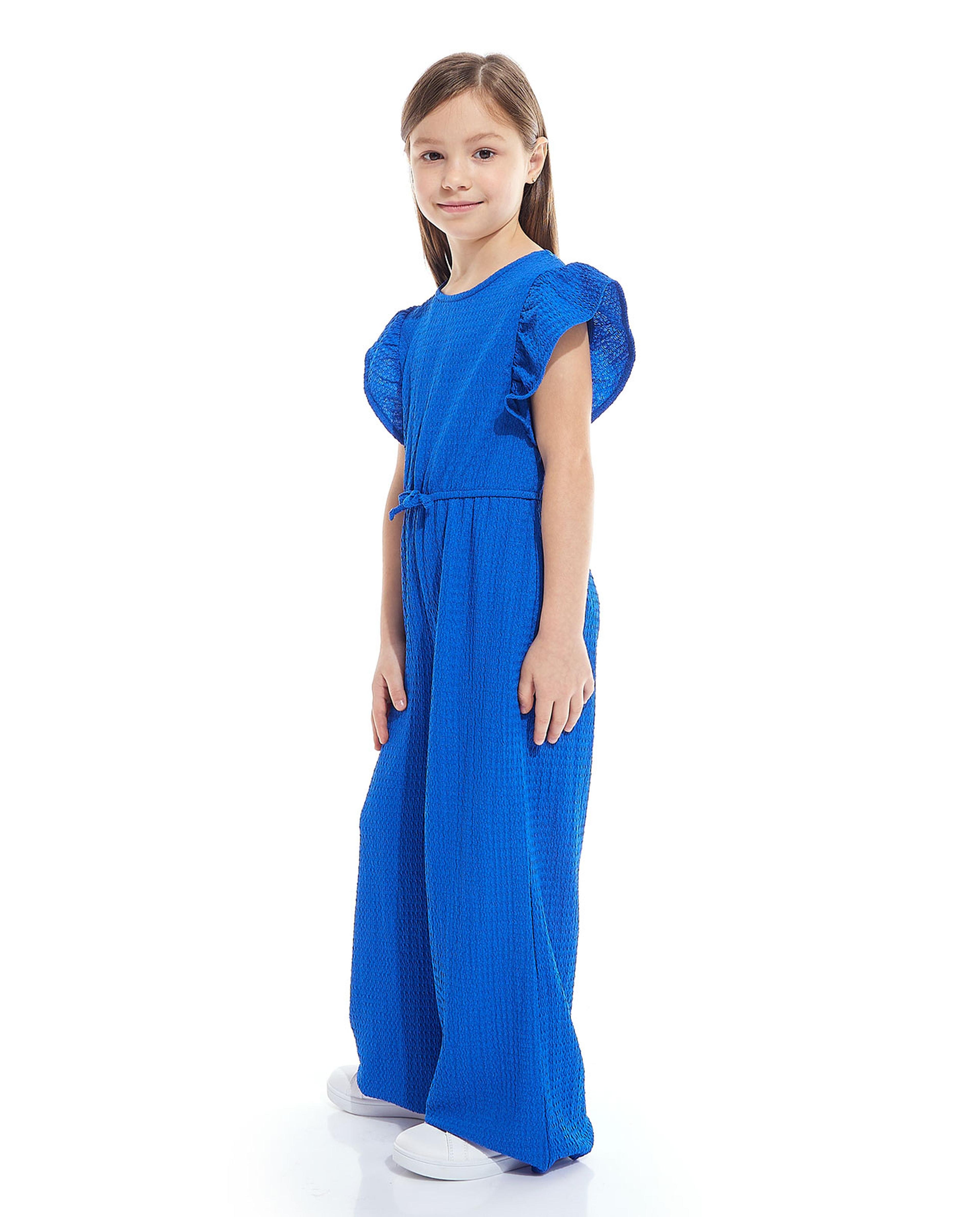 Textured Jumpsuit with Round Neck and Flutter Sleeves
