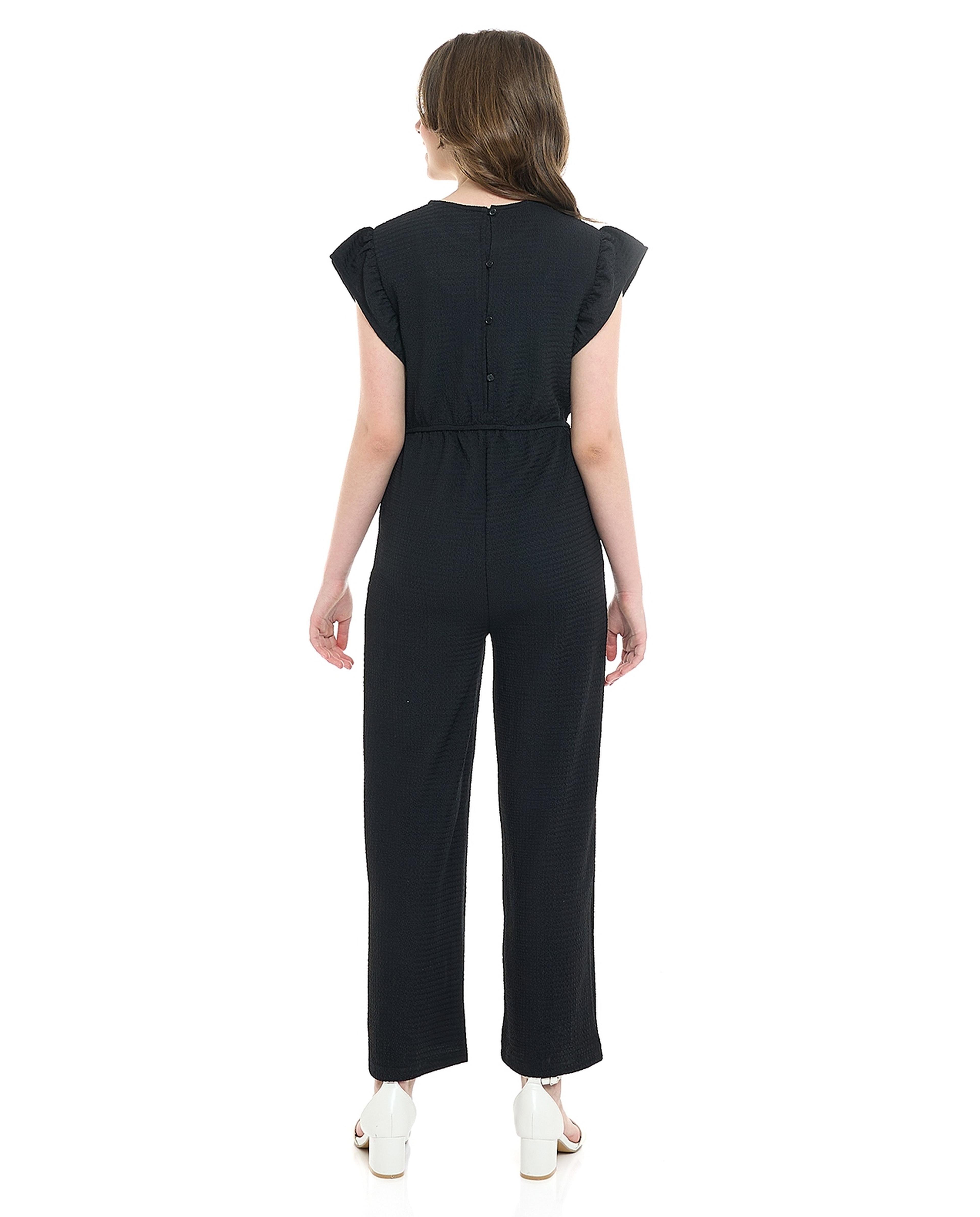 Textured Jumpsuit with Crew Neck and Flutter Sleeves