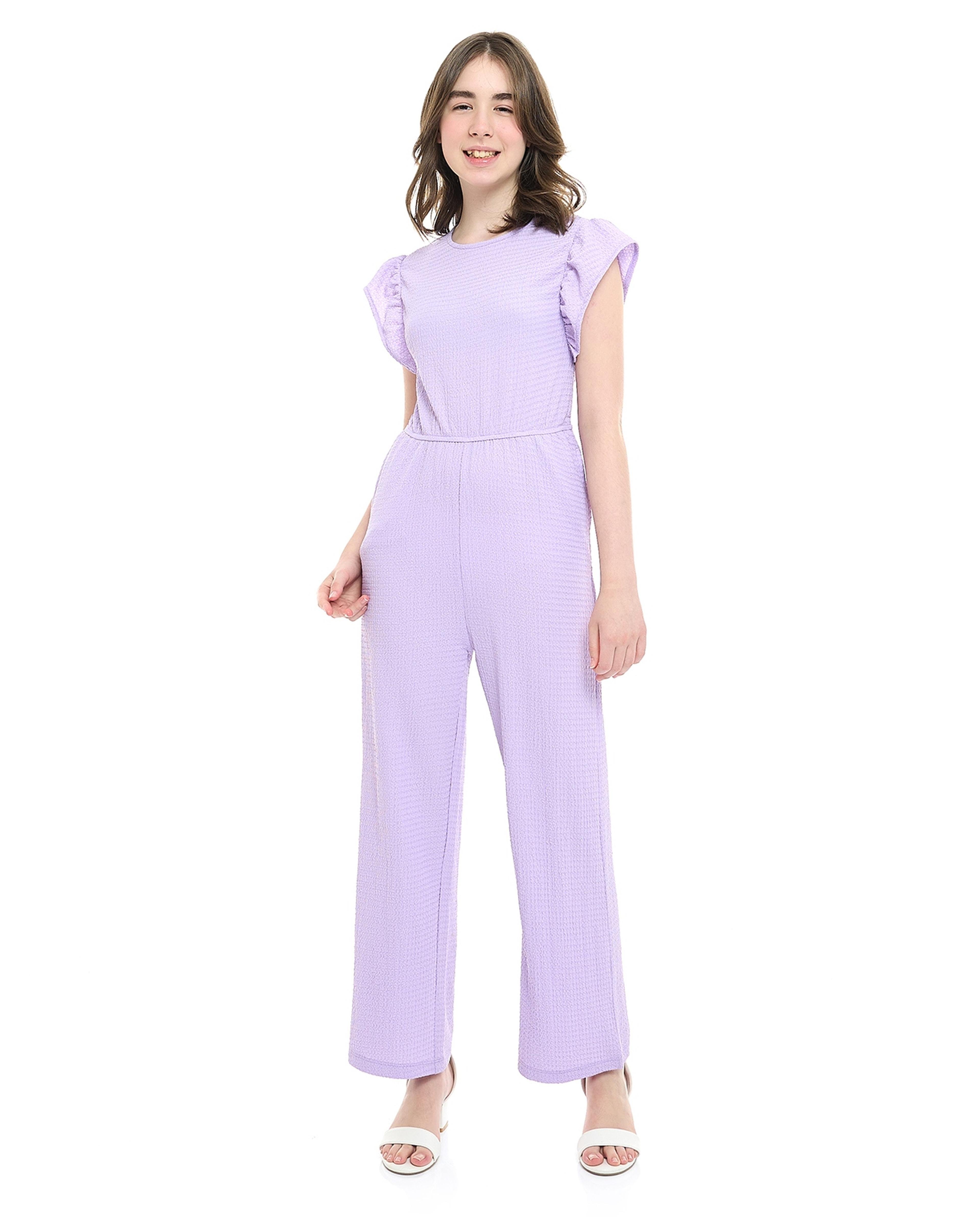 Textured Jumpsuit with Crew Neck and Flutter Sleeves
