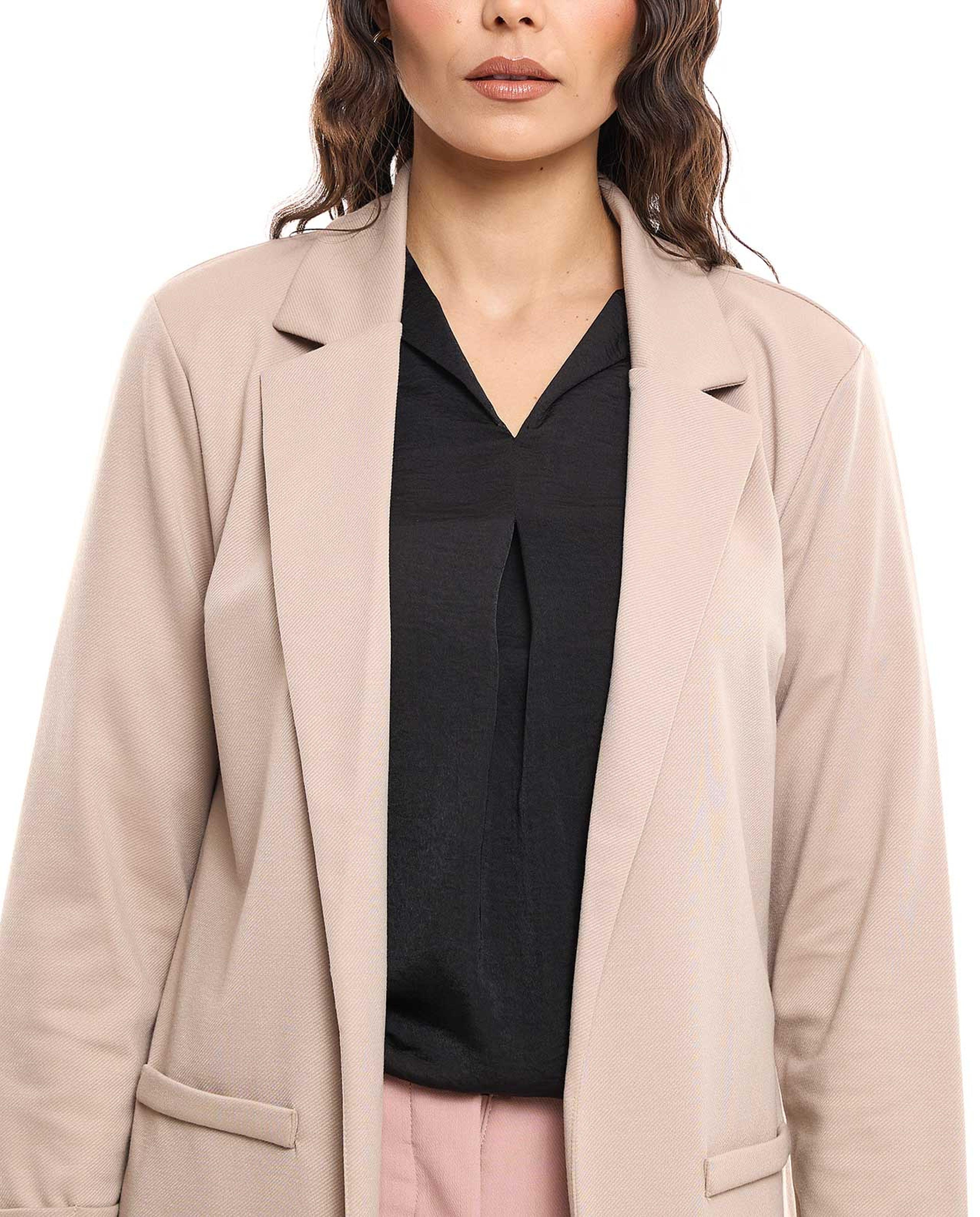 Solid Blazer with Lapel Collar and 3/4 Sleeves