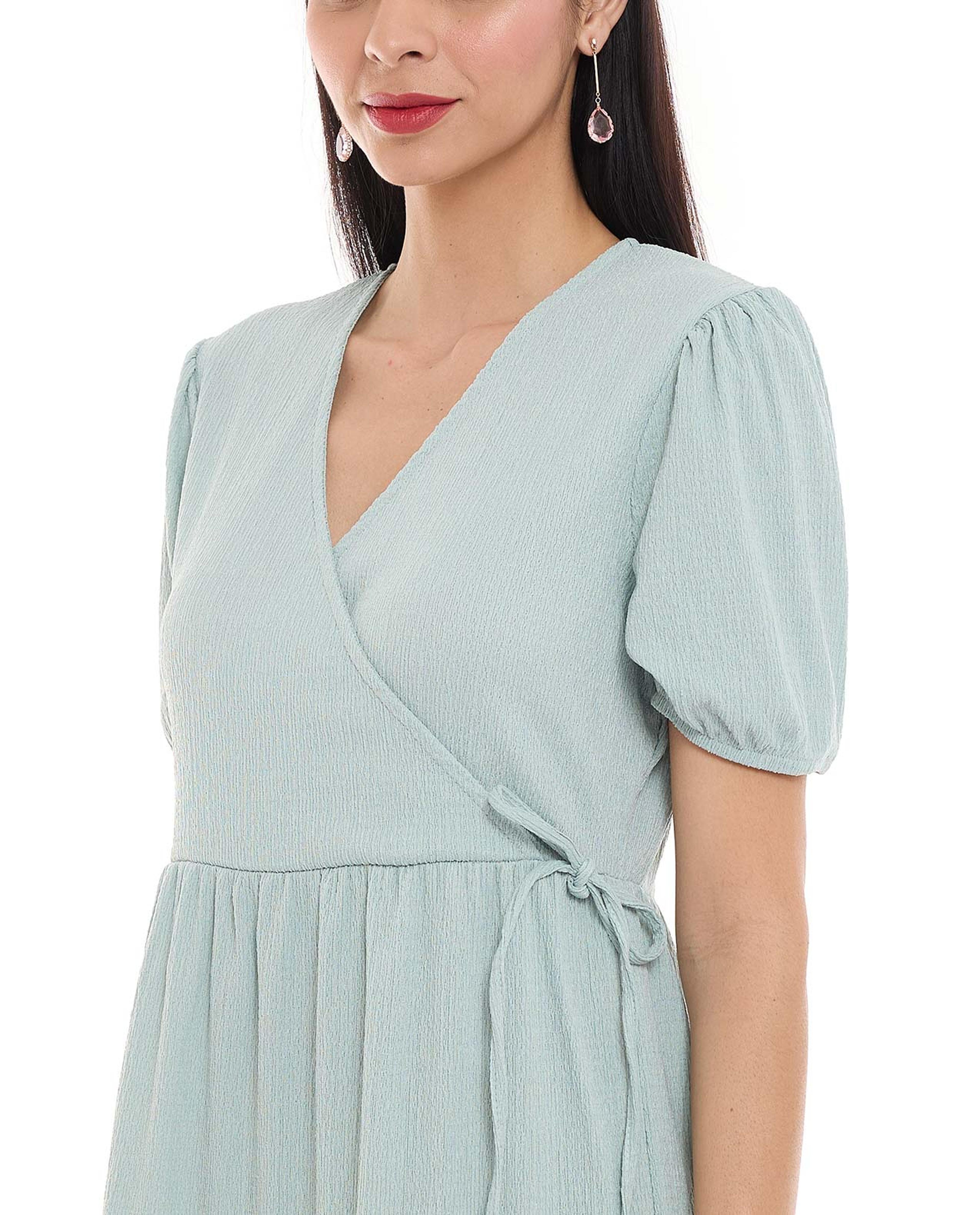 Textured Tiered Dress with V-Neck and Short Sleeves