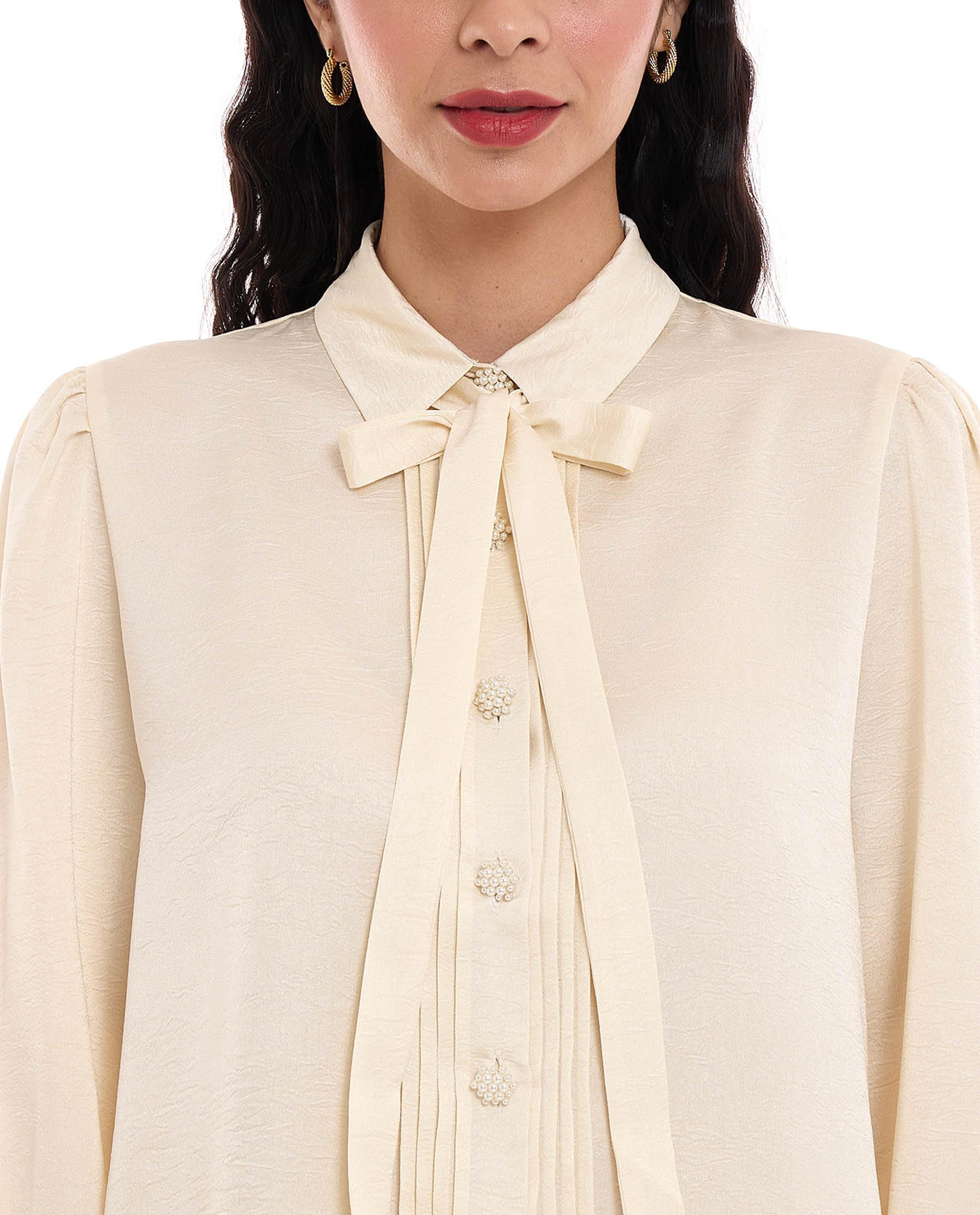 Solid Bow Detail Shirt with Classic Collar and Bishop Sleeves