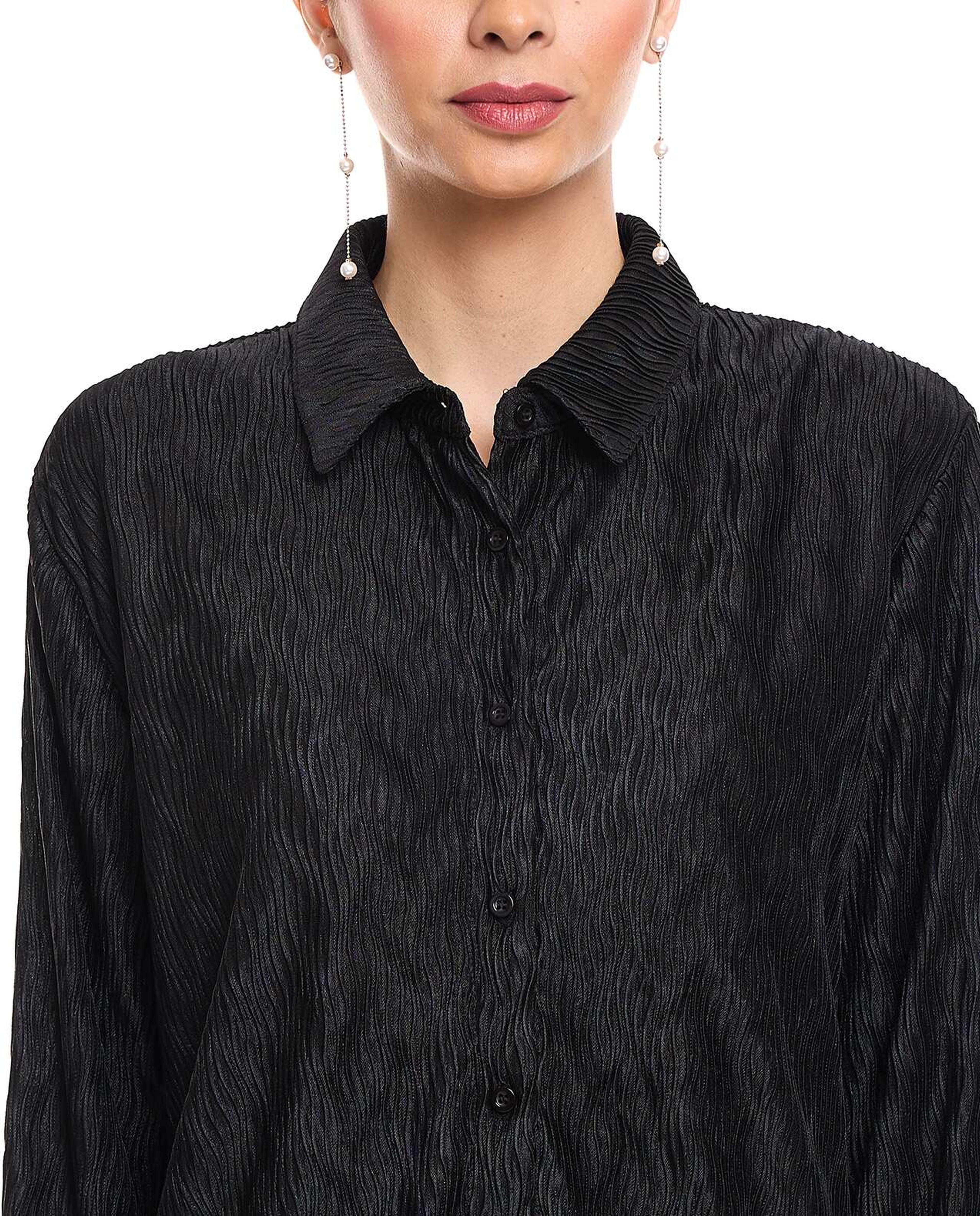 Pin-Tuck Oversized Shirt with Classic Collar and Long Sleeves