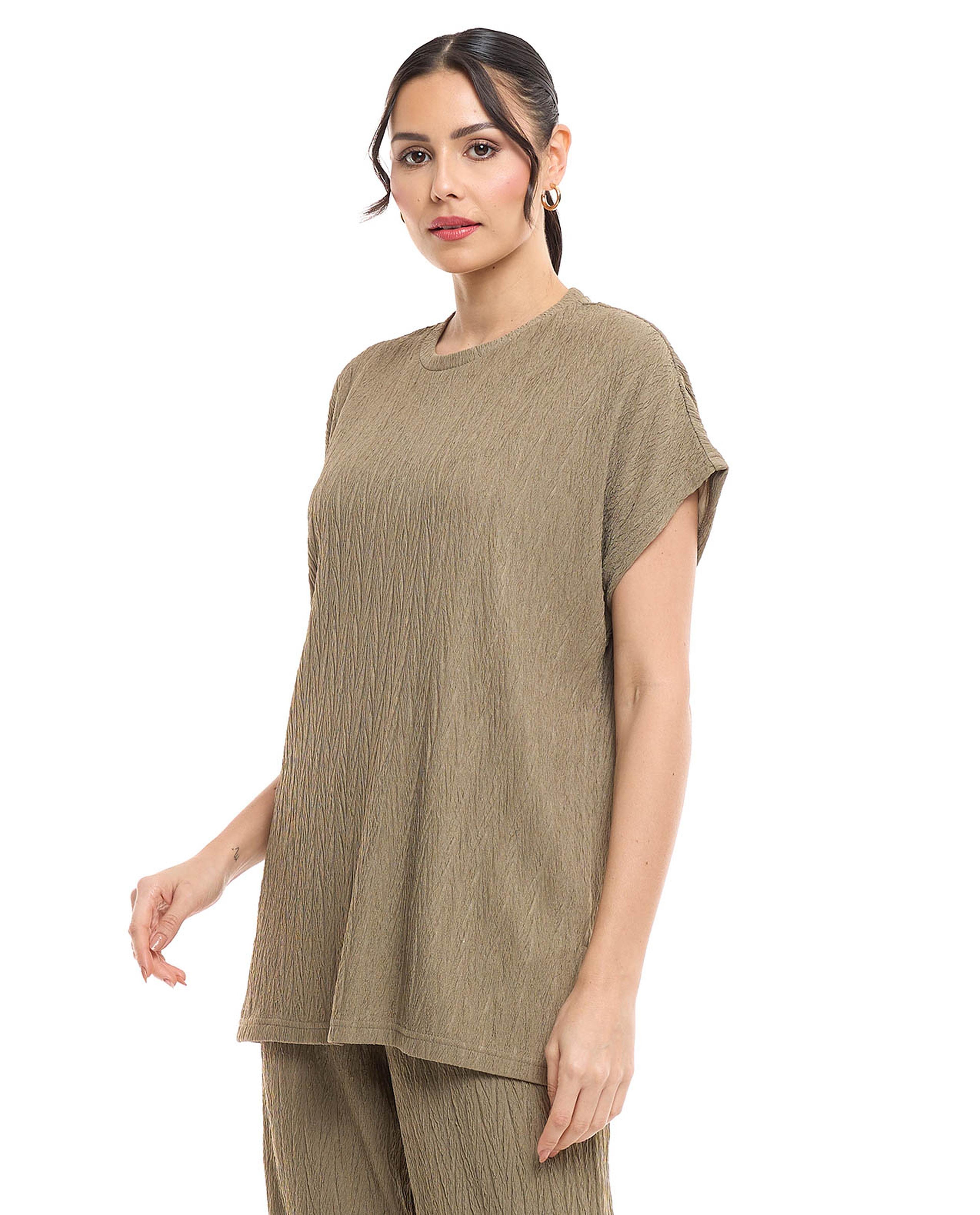 Textured Tunic with Crew Neck and Short Sleeves