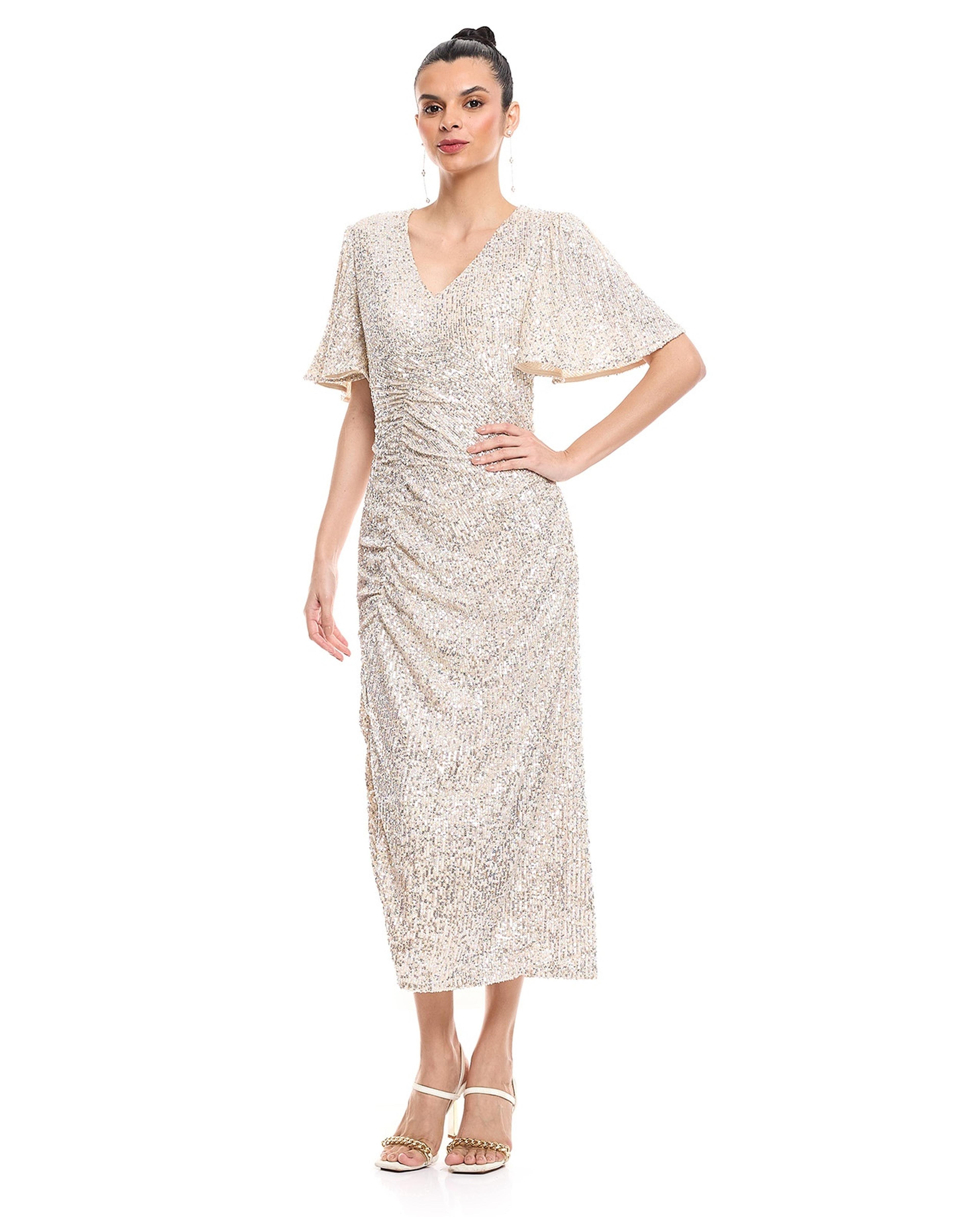 Sequined Midi Dress with V-Neck and Flutter Sleeves