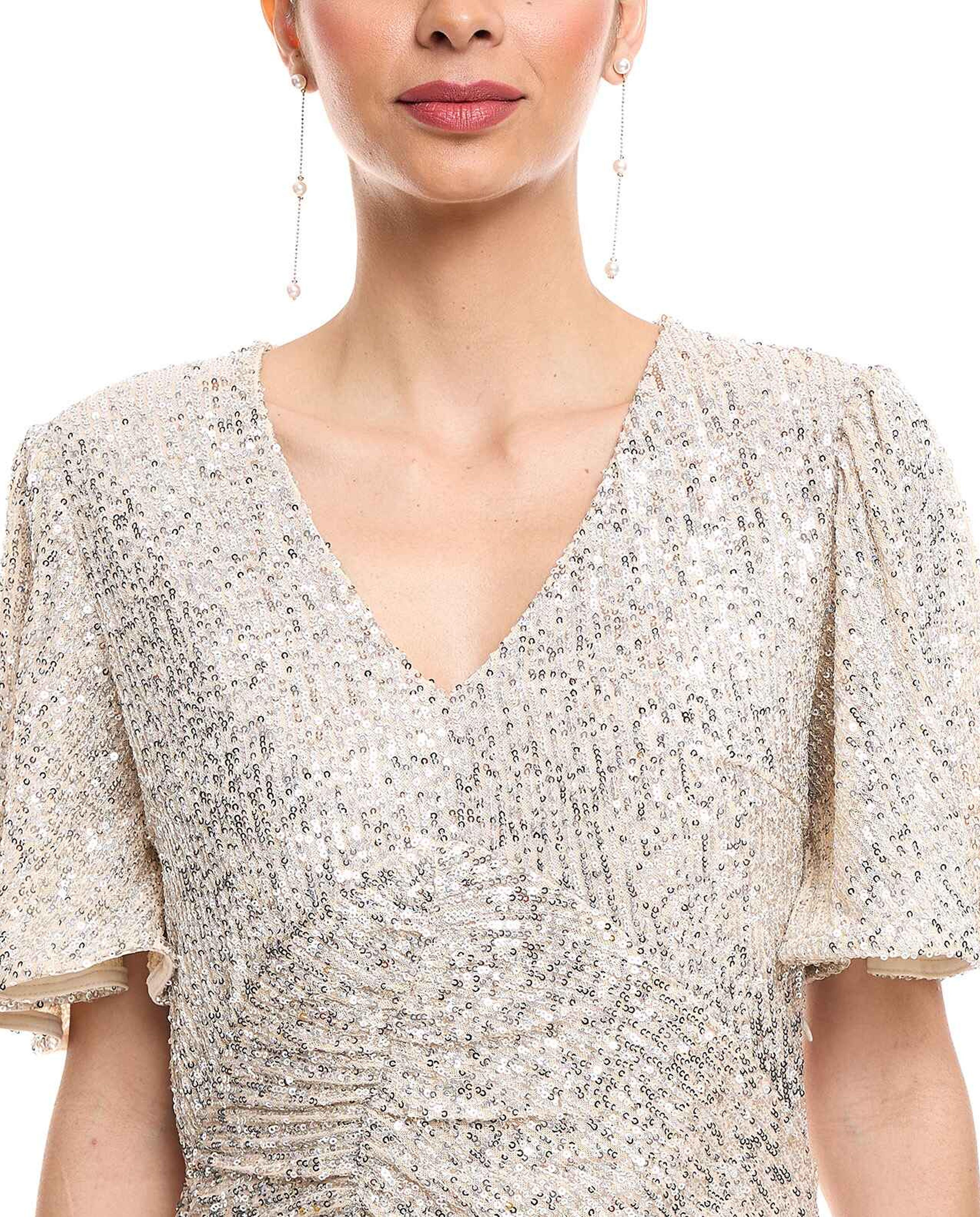 Sequined Midi Dress with V-Neck and Flutter Sleeves