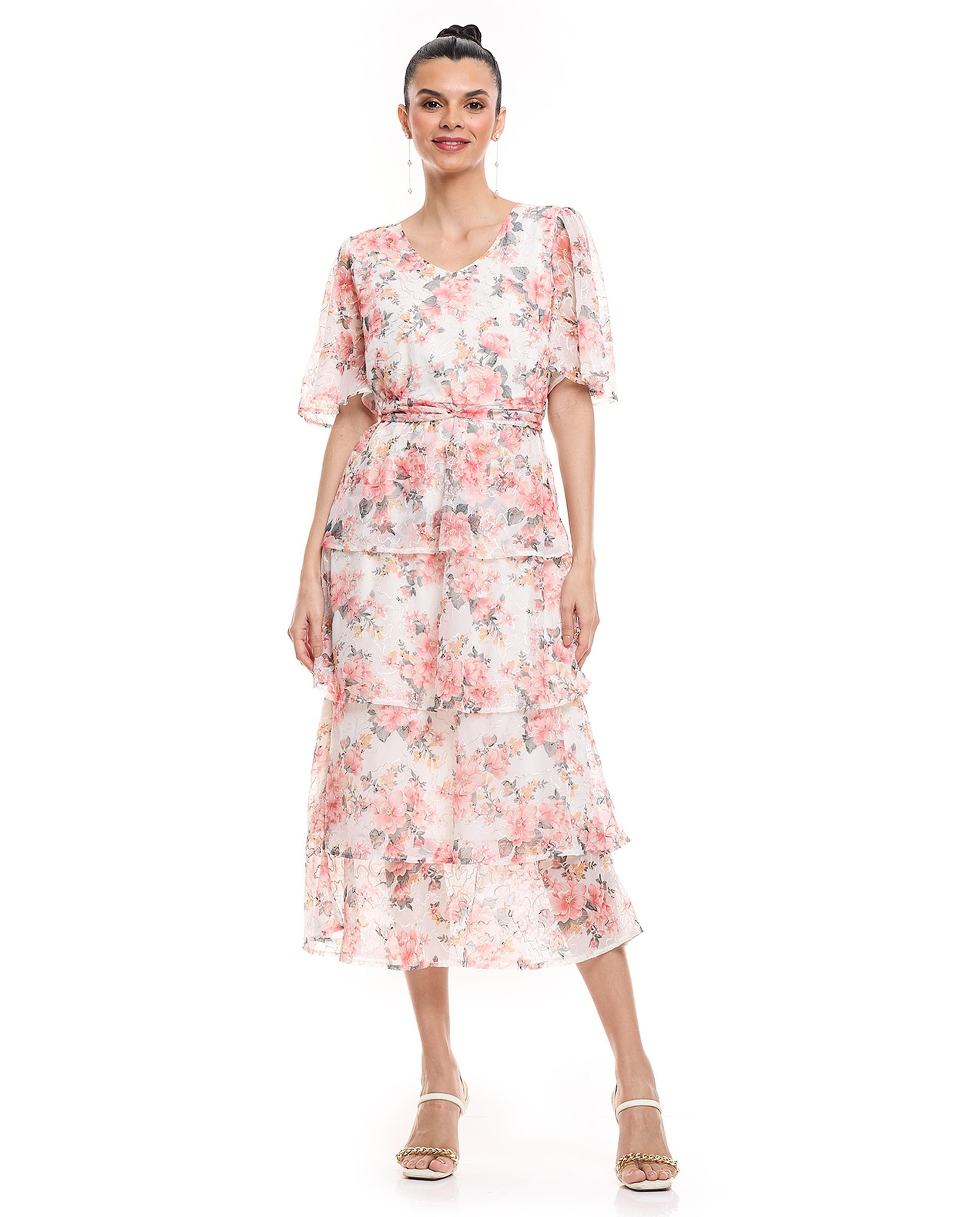 Embroidered Layered Dress with V-Neck and Flutter Sleeves