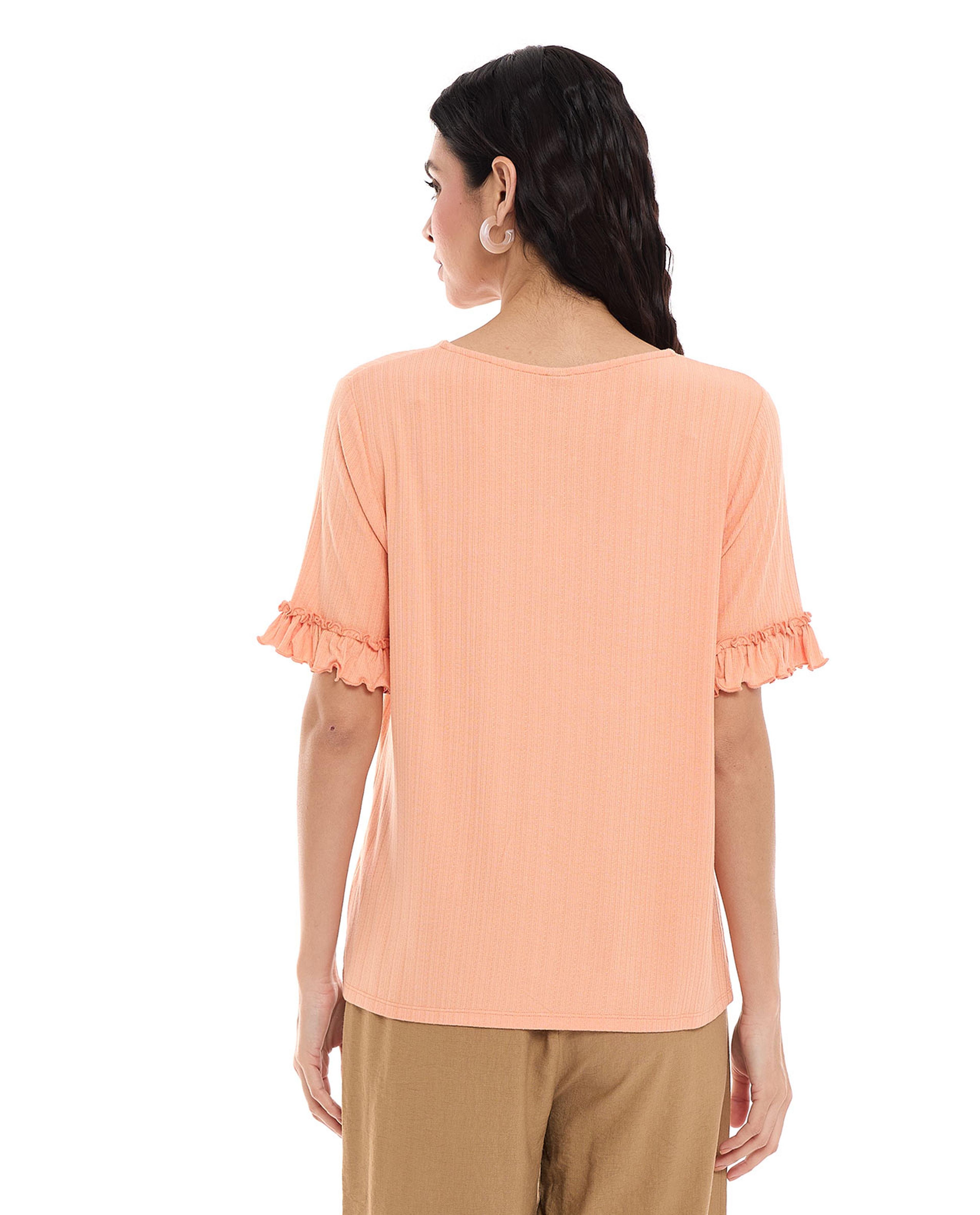 Self Patterned Top with V-Neck and Flutter Sleeves