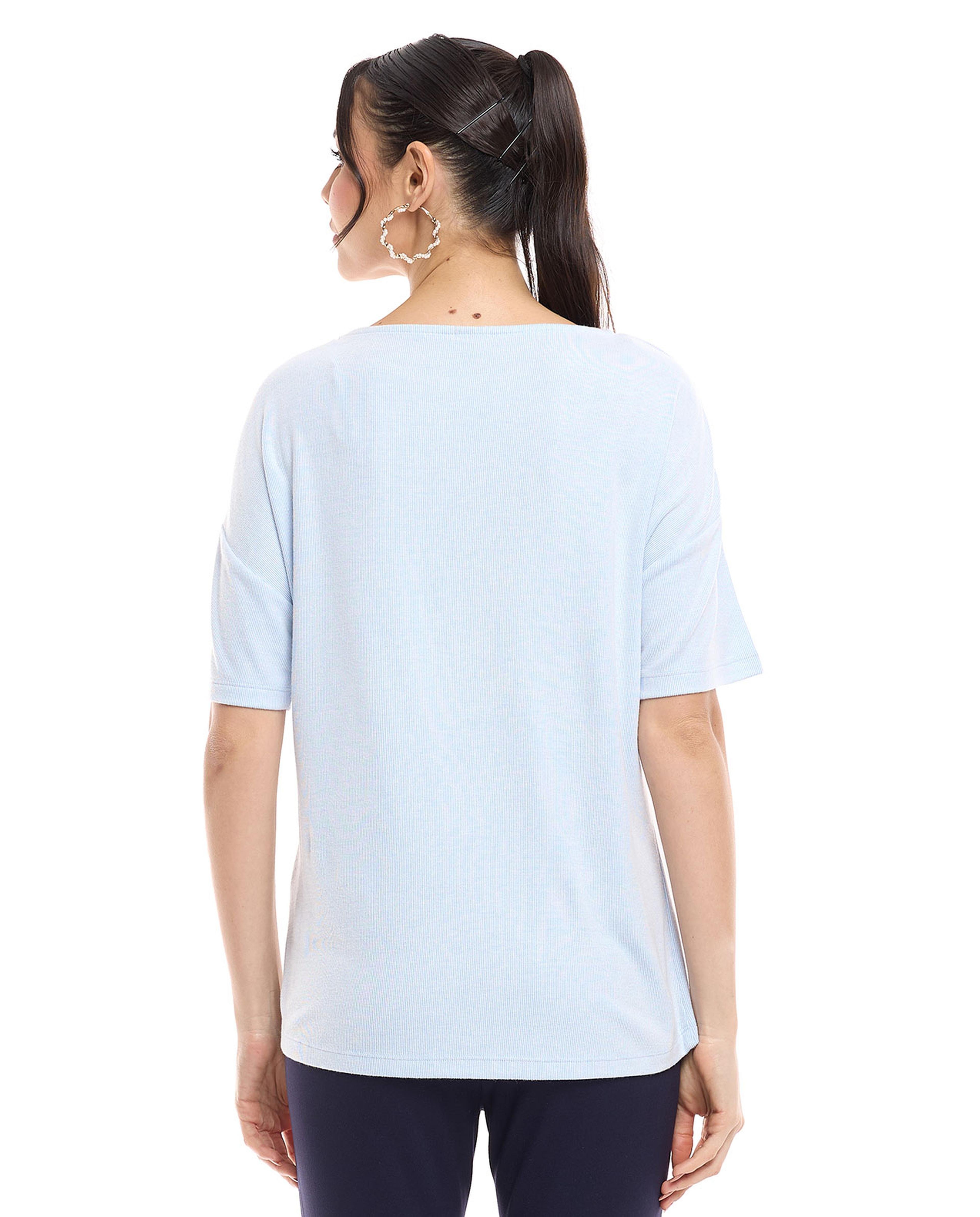 Solid T-Shirt with Round Neck and Dropped Sleeves