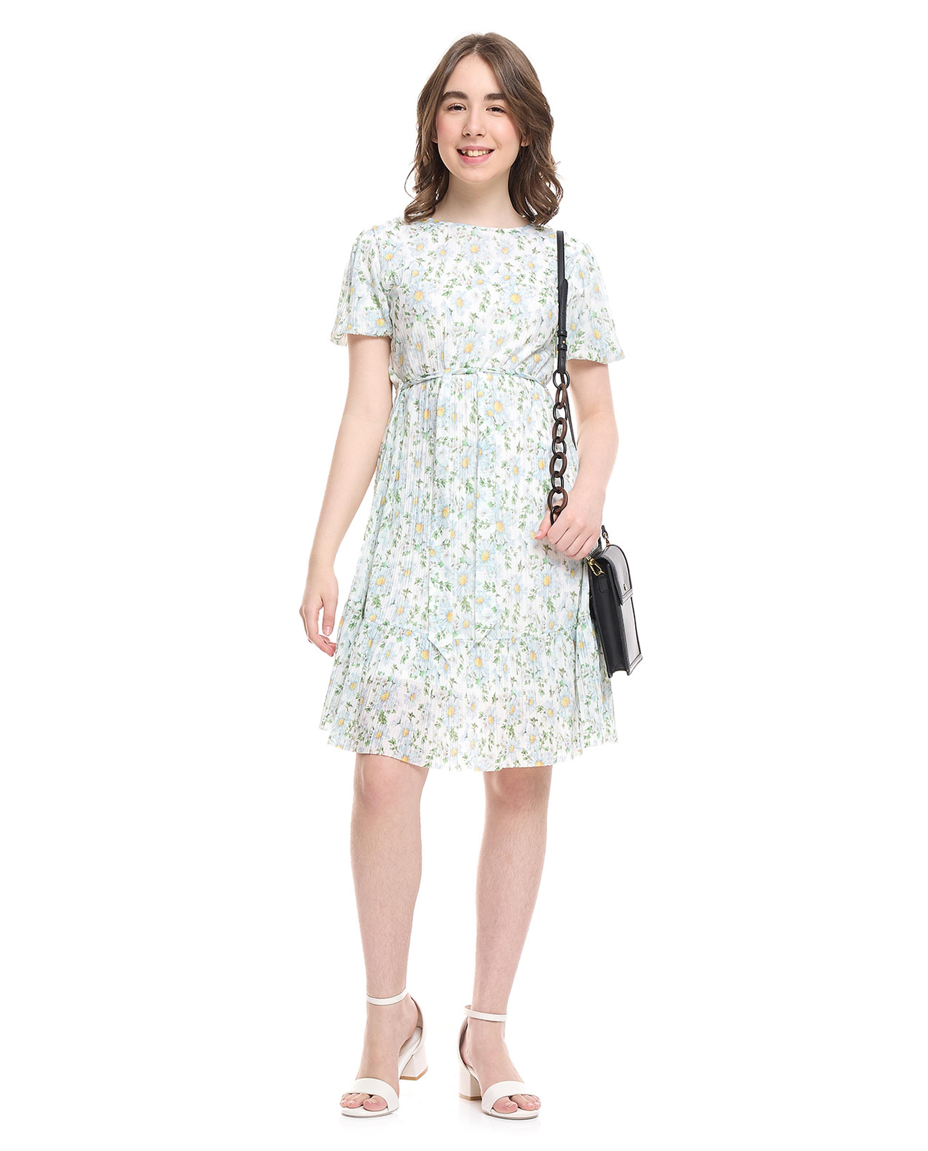 Floral Belted Dress with Crew Neck and Short Sleeves