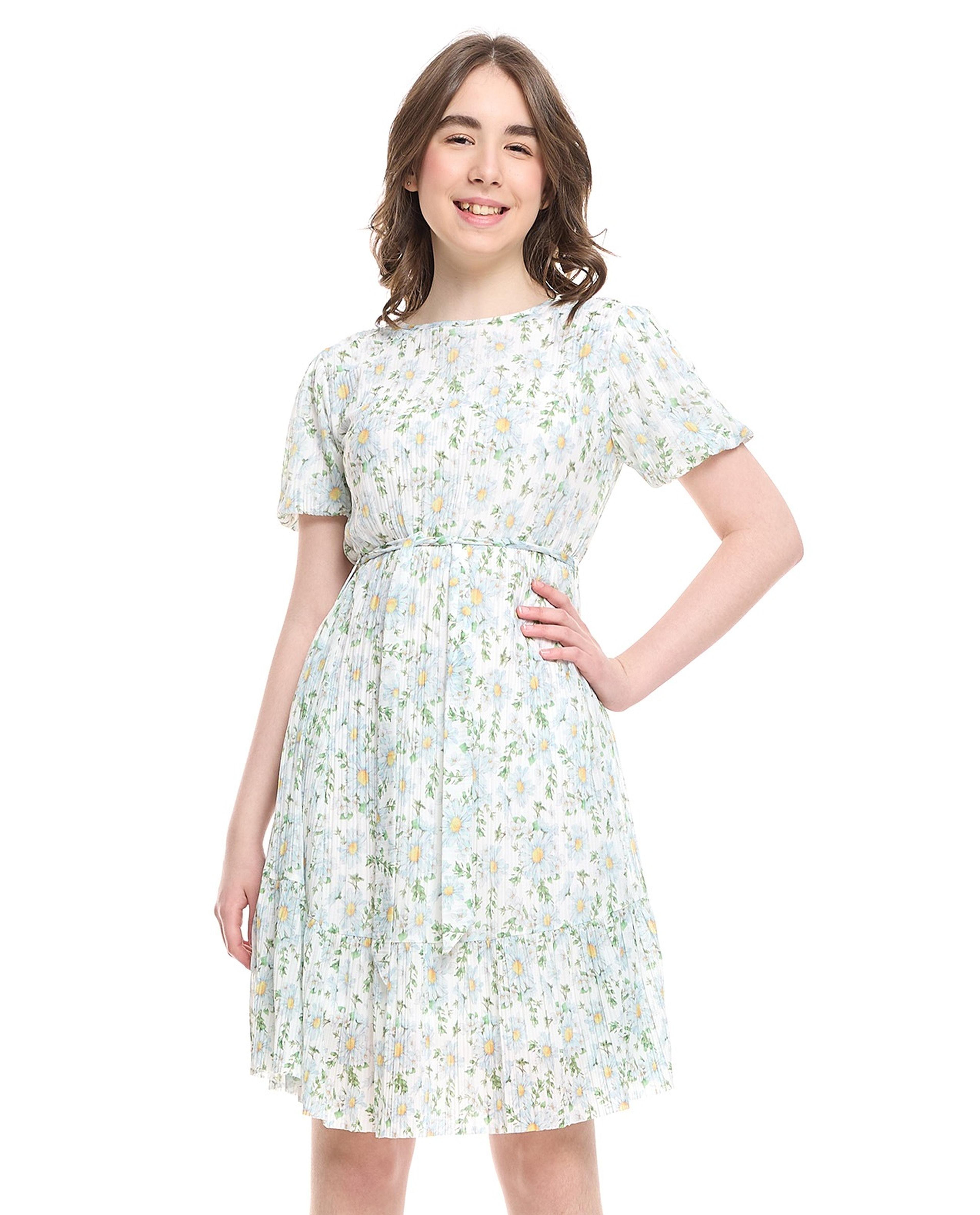 Floral Belted Dress with Crew Neck and Short Sleeves