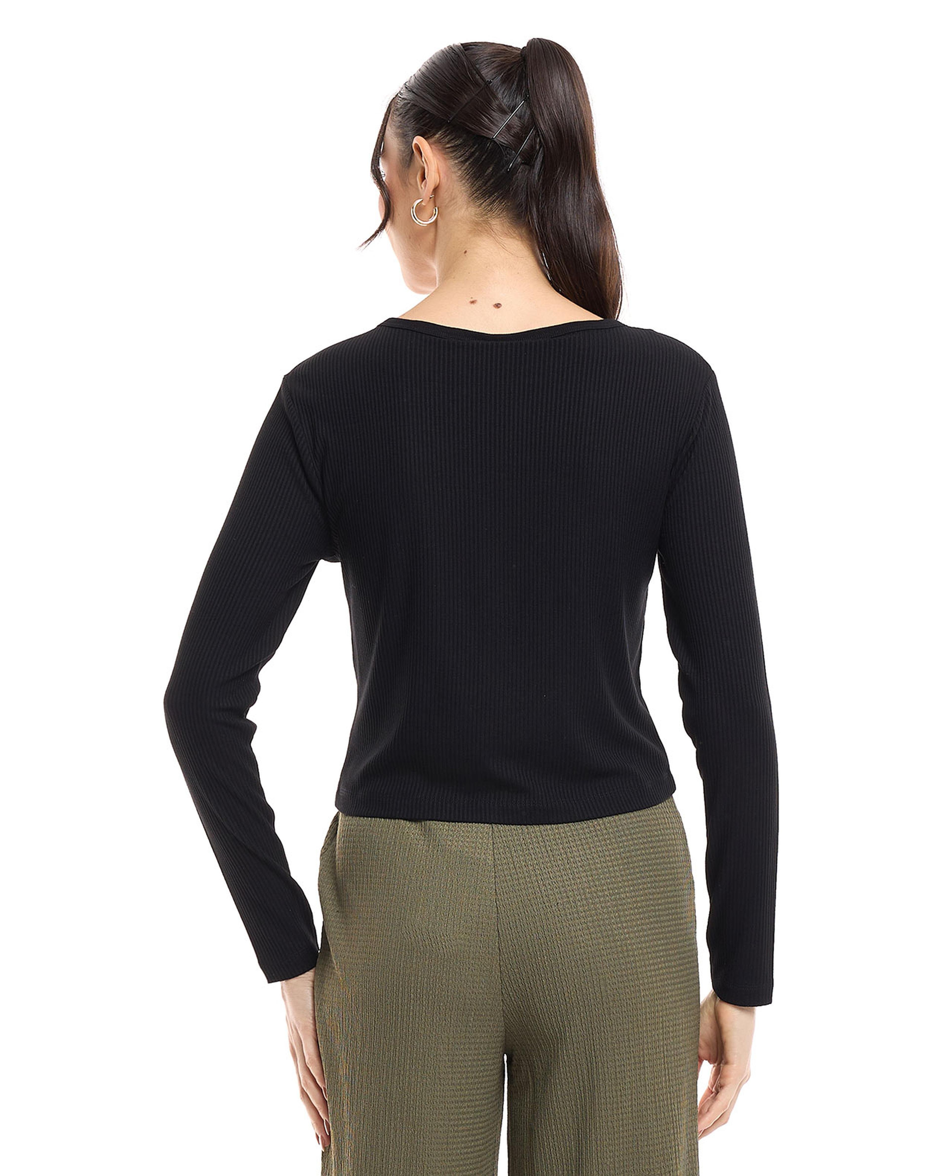 Ribbed Top with Round Neck and Long Sleeves