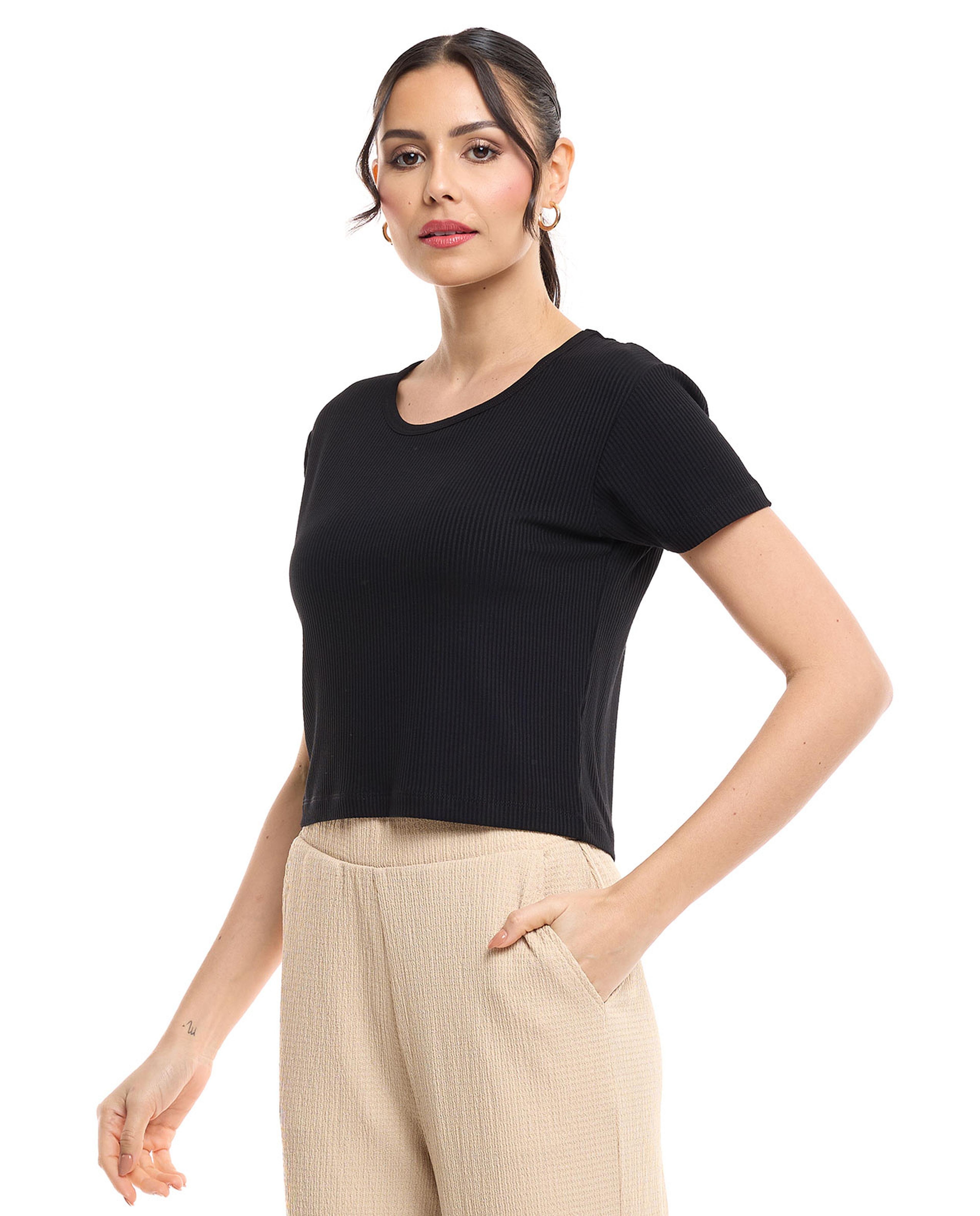 Ribbed Crop Top with Round Neck and Short Sleeves