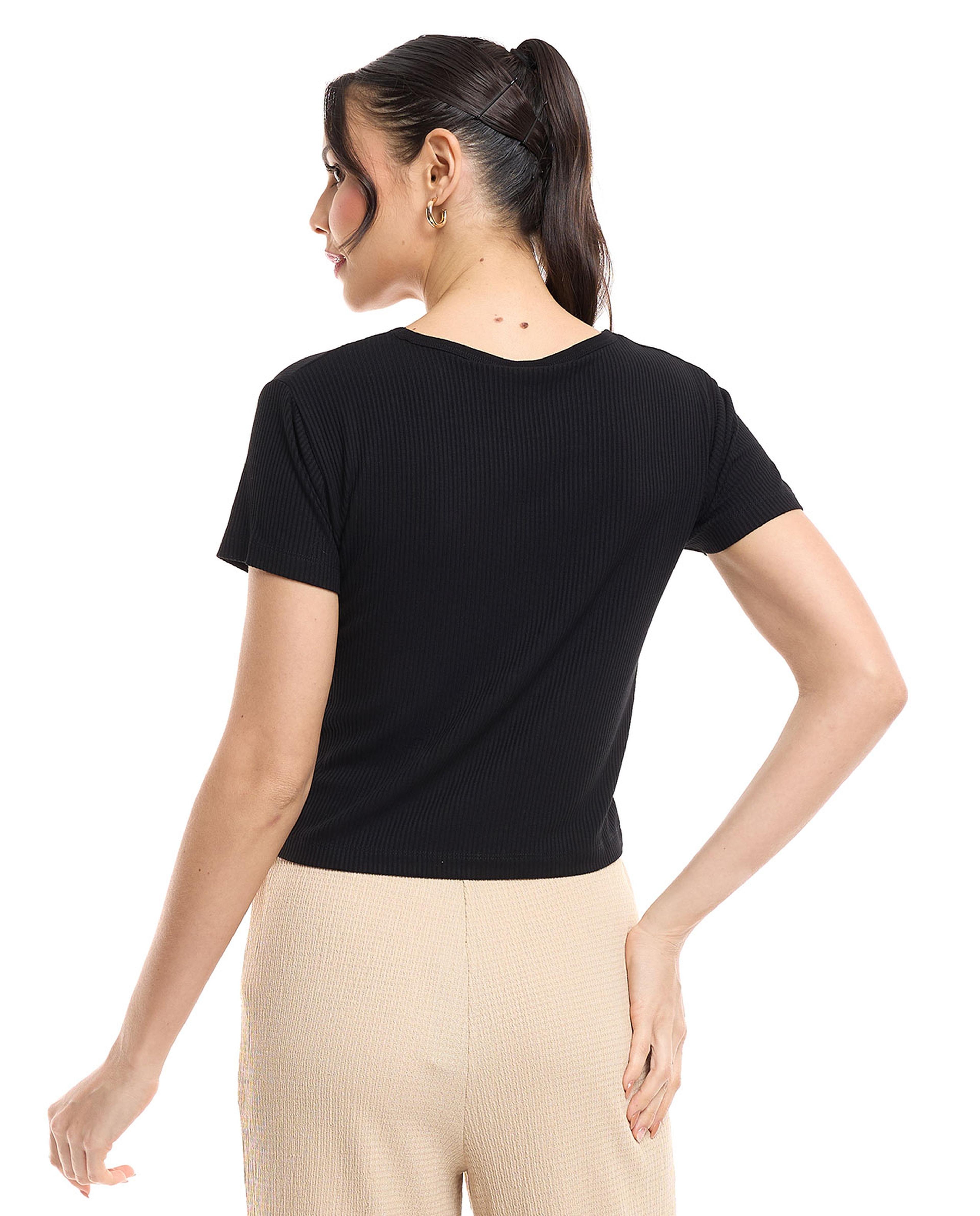 Ribbed Crop Top with Round Neck and Short Sleeves