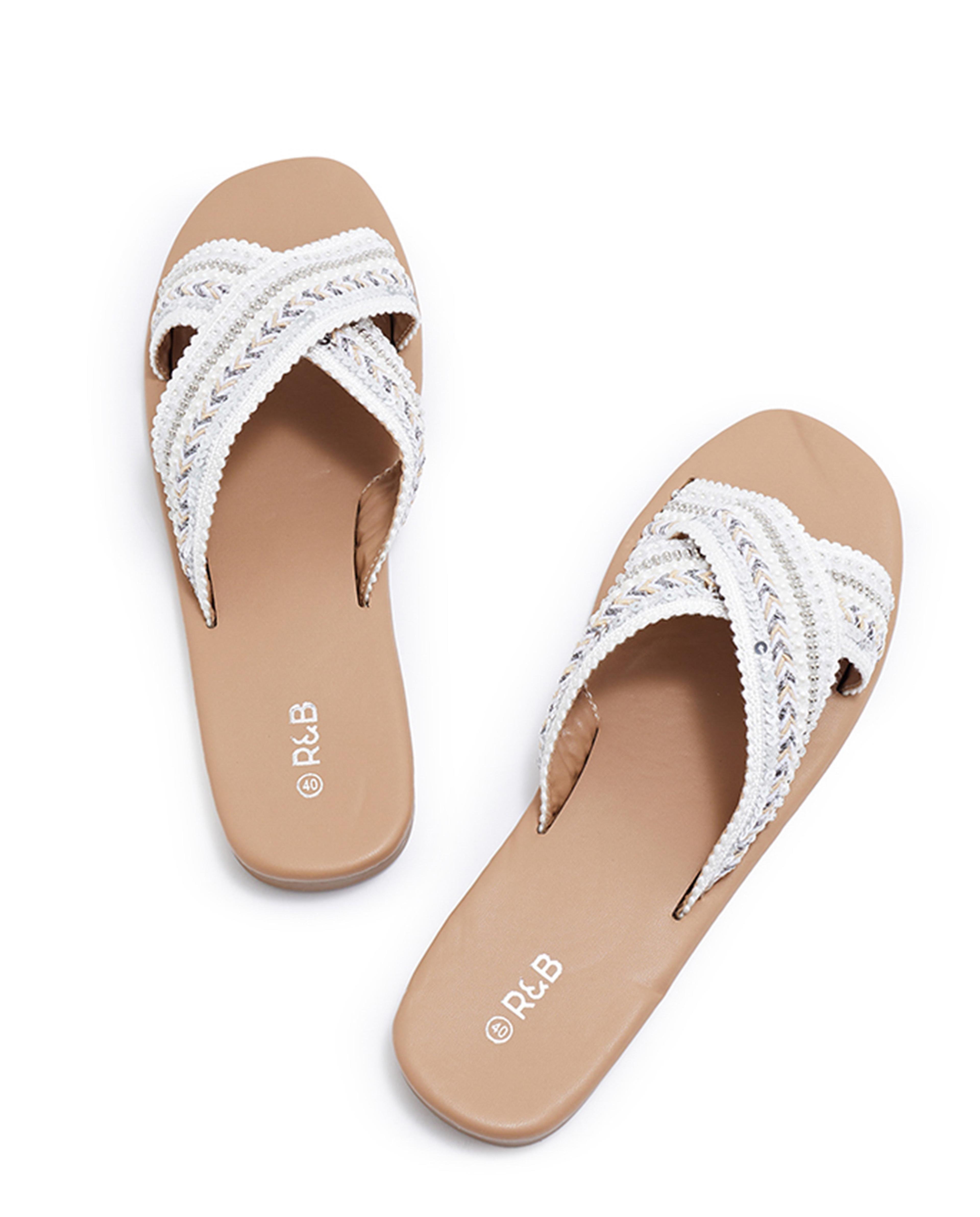Beaded Crossover Strap Flat Sandals