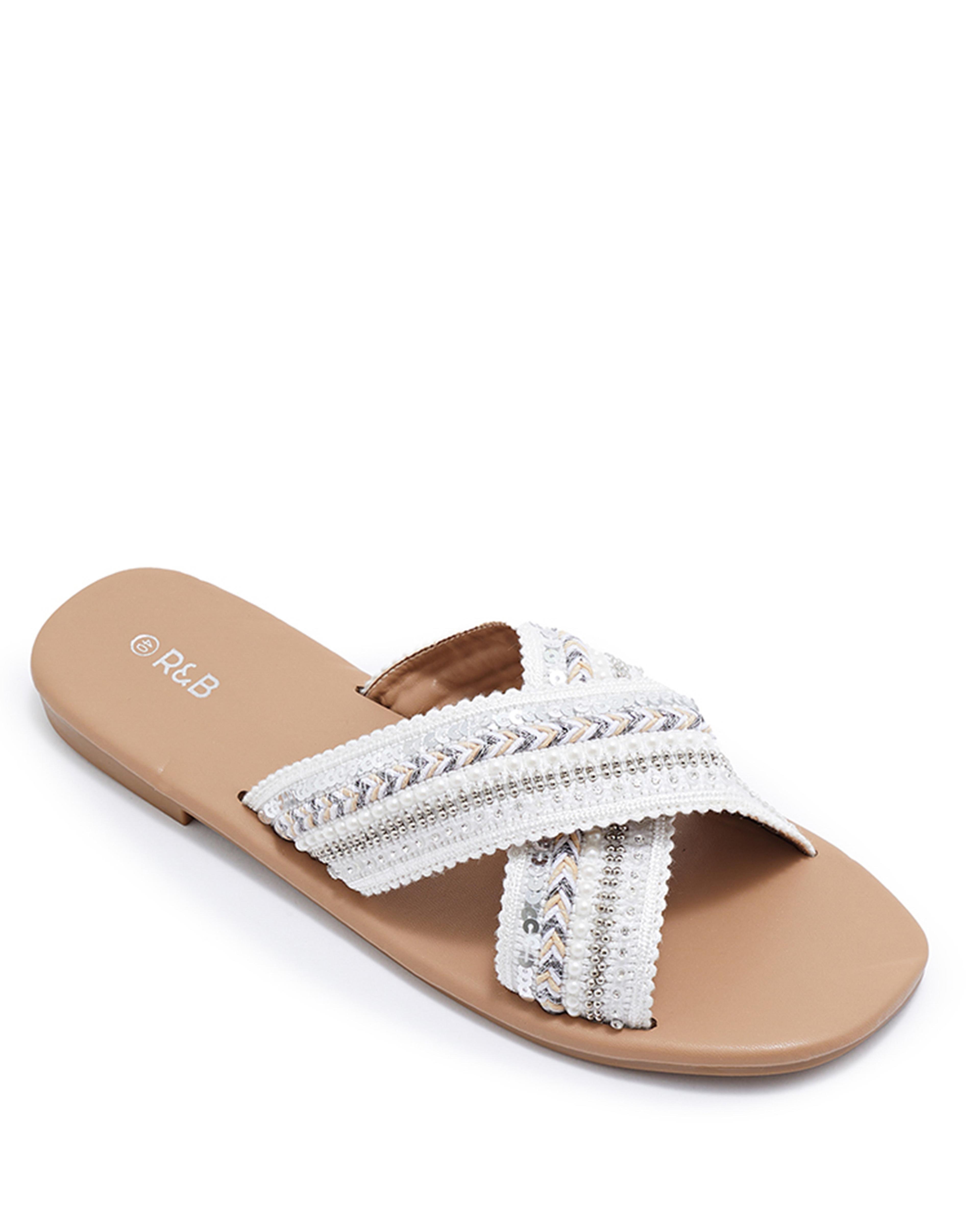 Beaded Crossover Strap Flat Sandals
