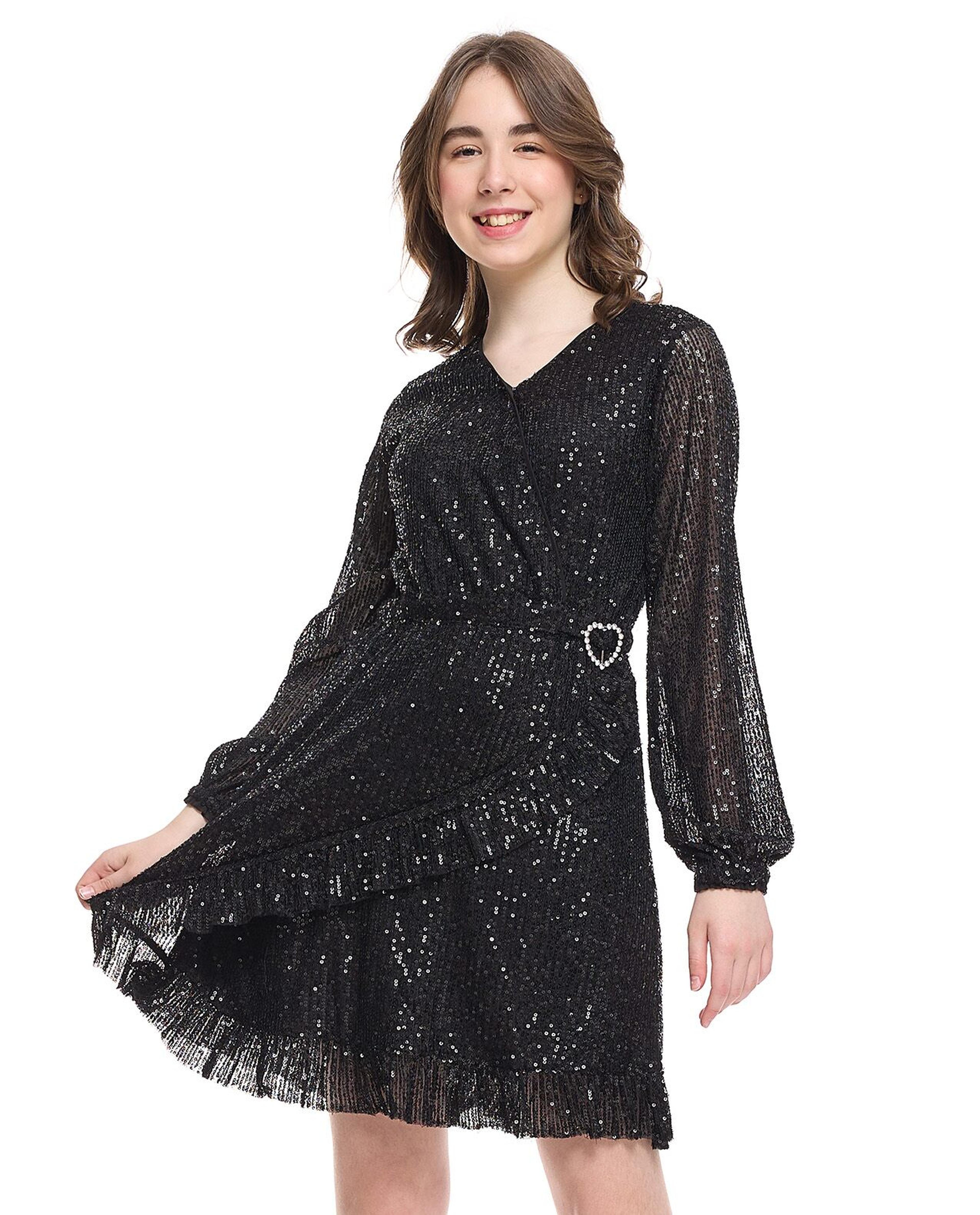 Sequined Mini Dress with V-Neck and Flared Sleeves