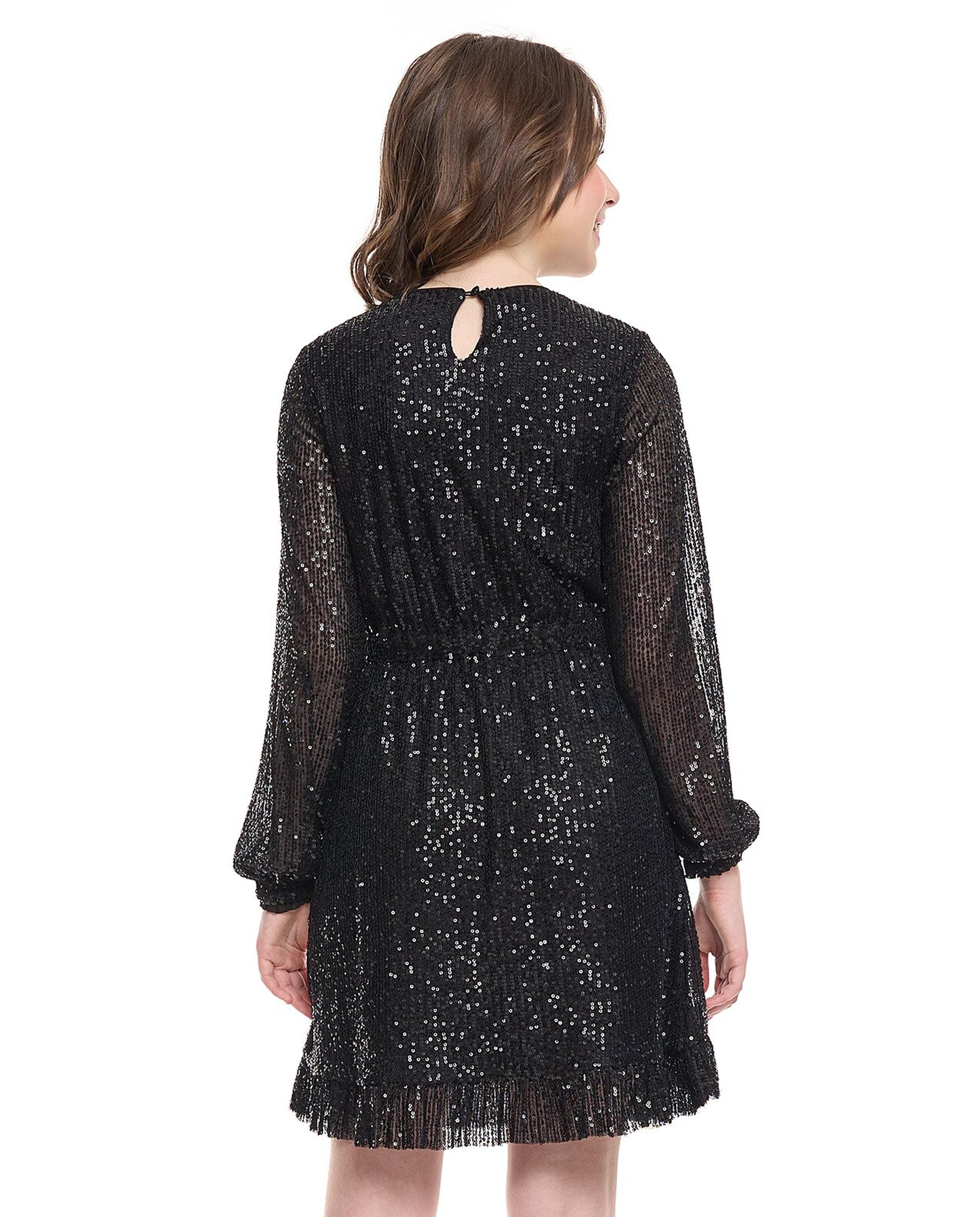 Sequined Mini Dress with V-Neck and Flared Sleeves
