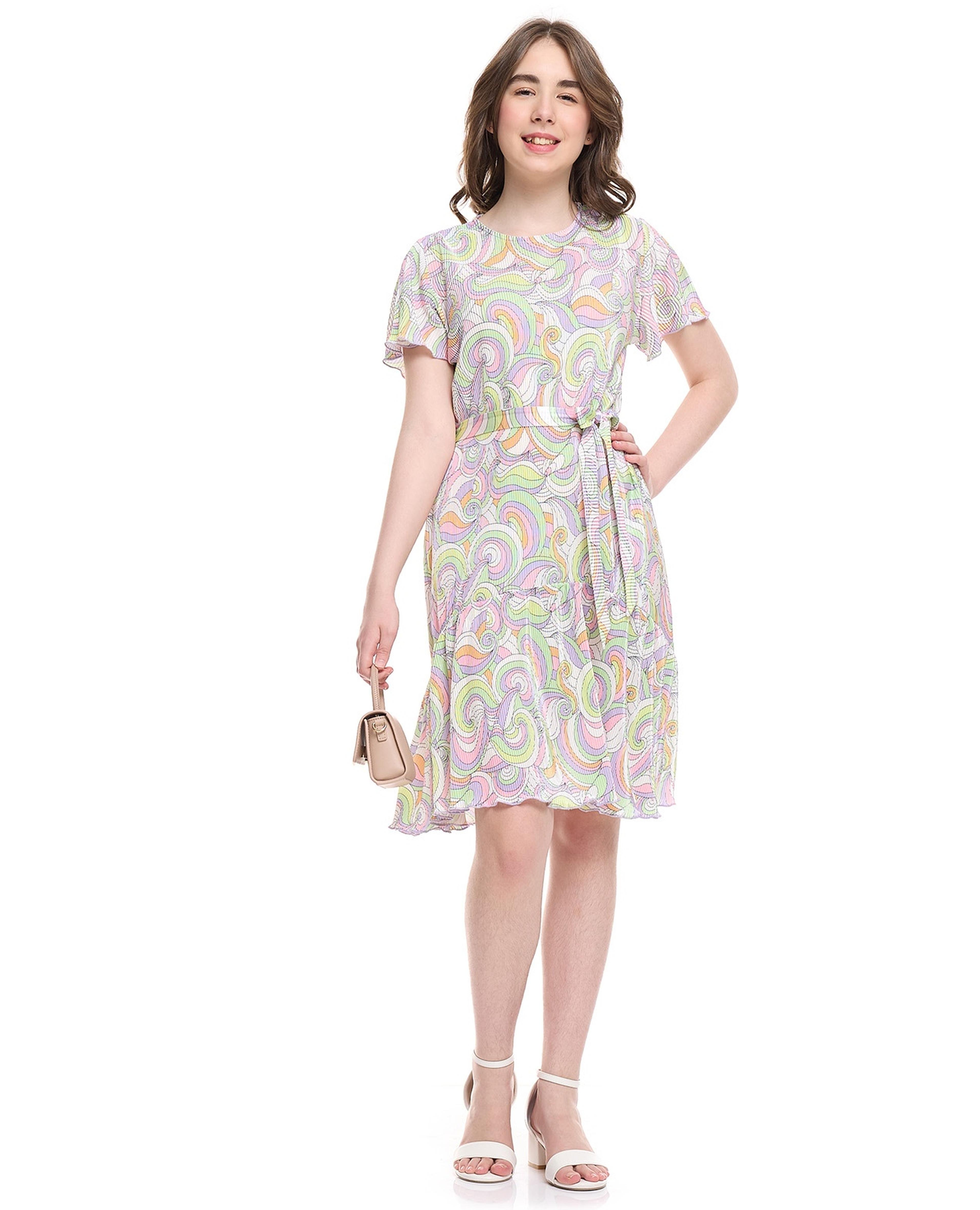 Patterned Belted Dress with Crew Neck and Short Sleeves