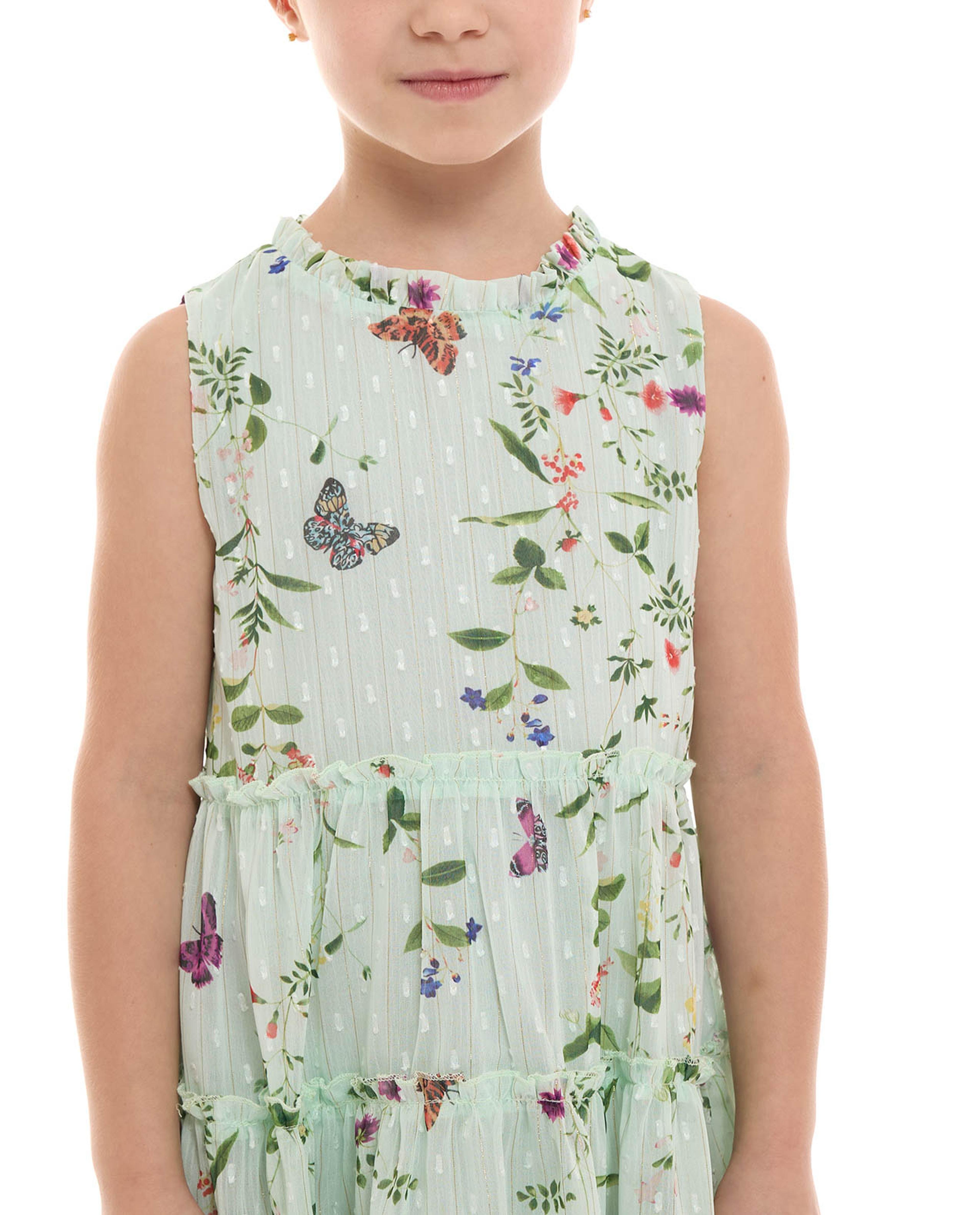 Printed Tiered Sleeveless Dress with Crew Neck