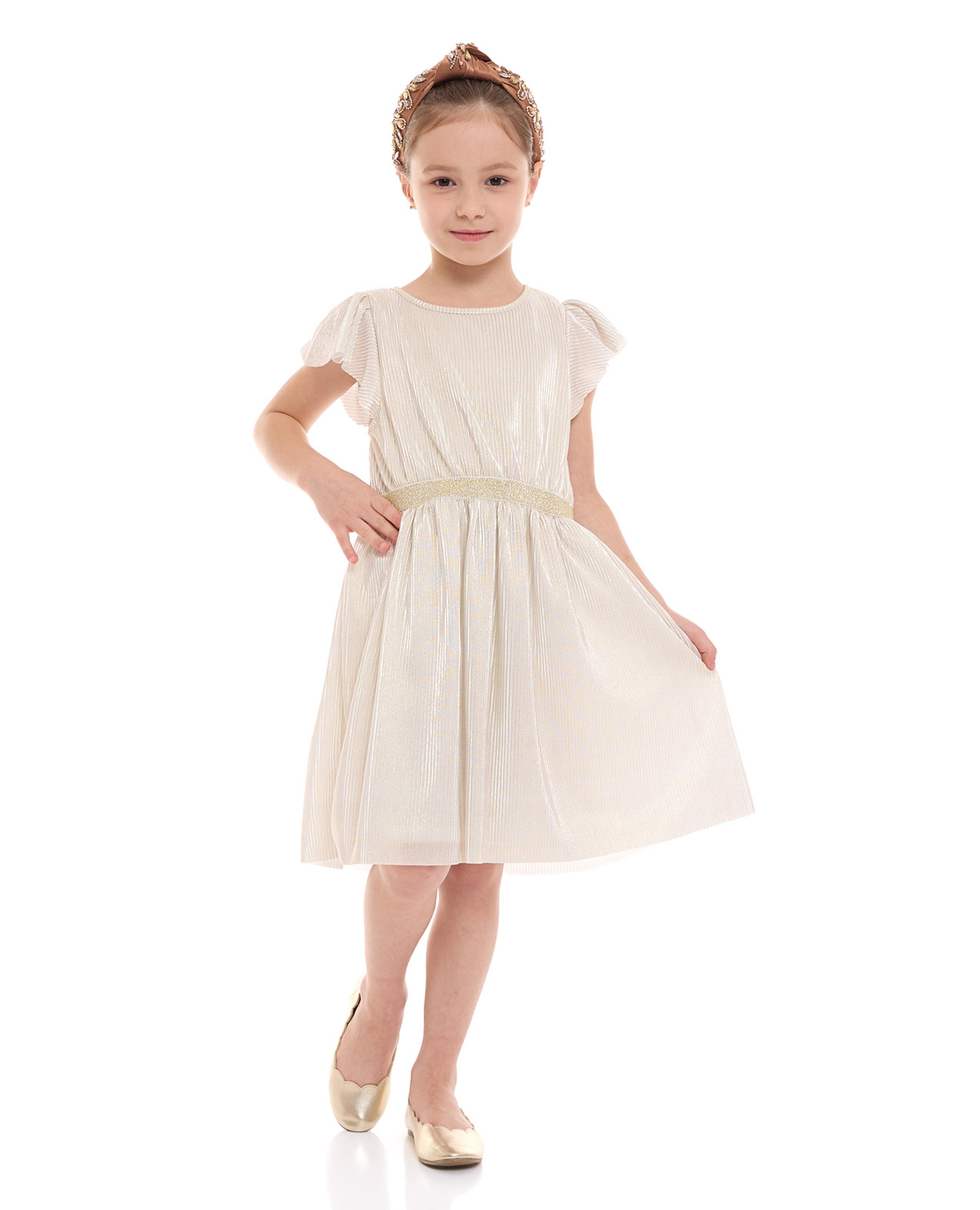 Shimmer Pleated Fit and Flare Dress with Short Sleeves