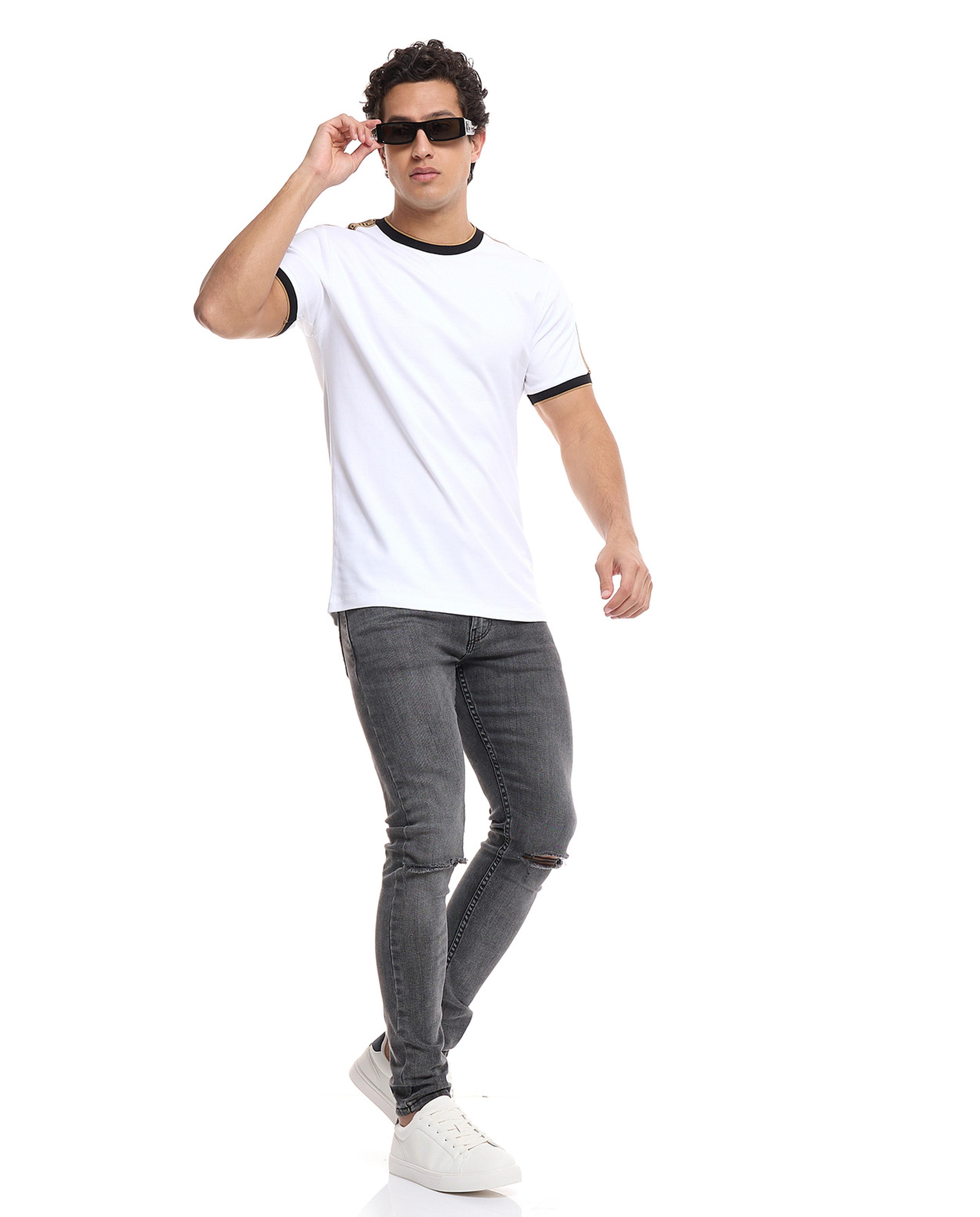 Contrast Tape T-Shirt with Crew Neck and Short Sleeves