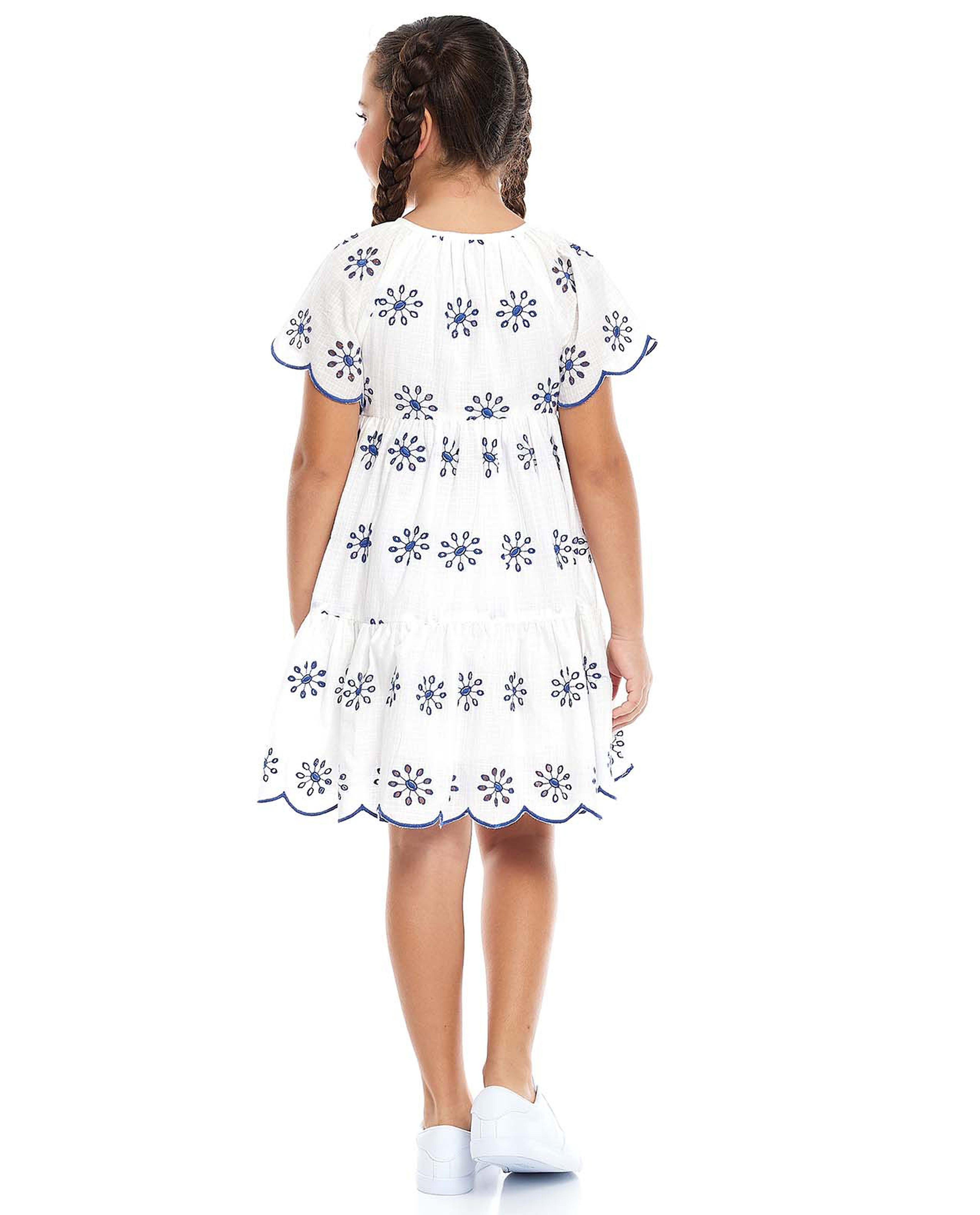 Embroidered Fit and Flare Dress with Crew Neck and Flutter Sleeves