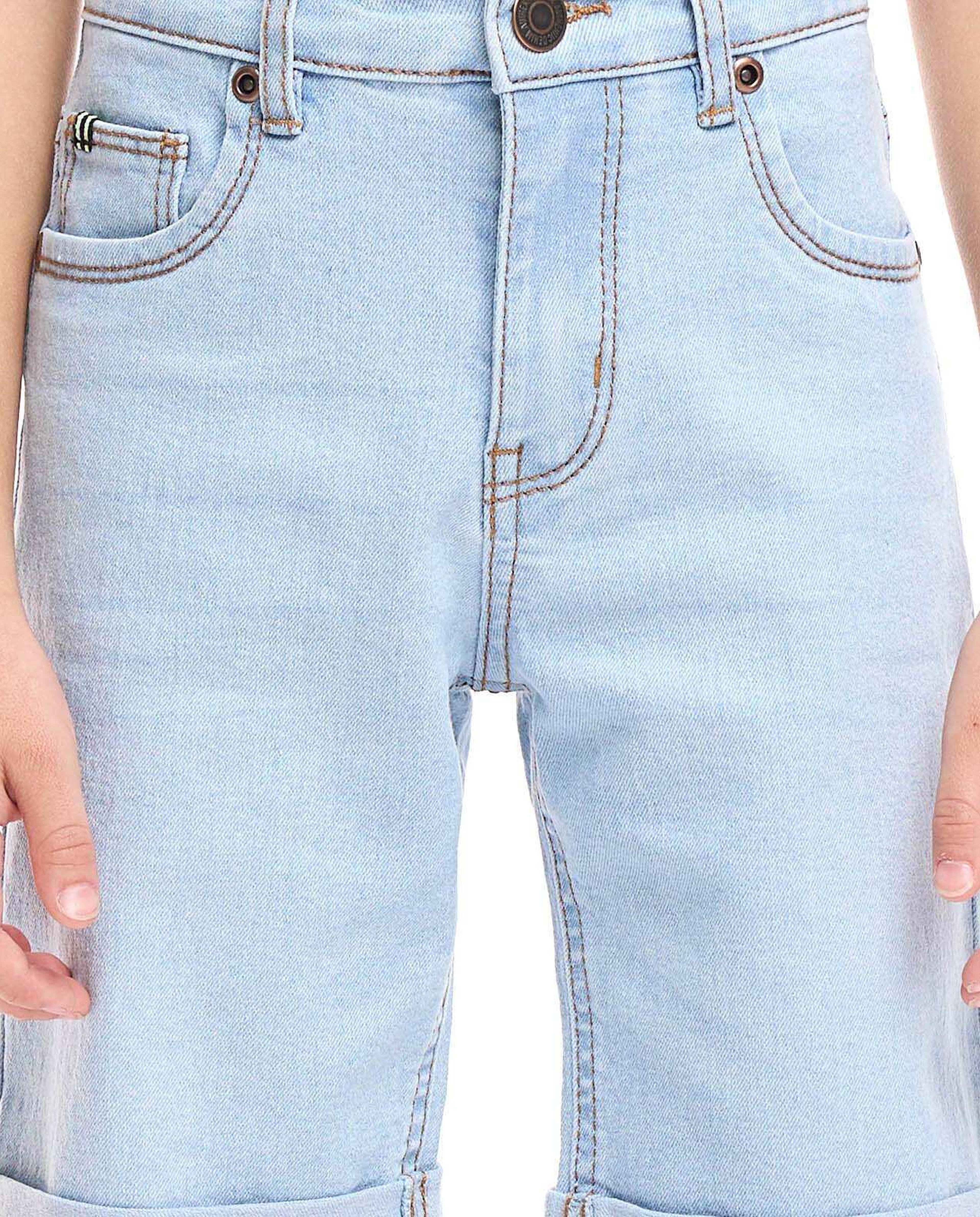 Washed Denim Shorts with Button Closure