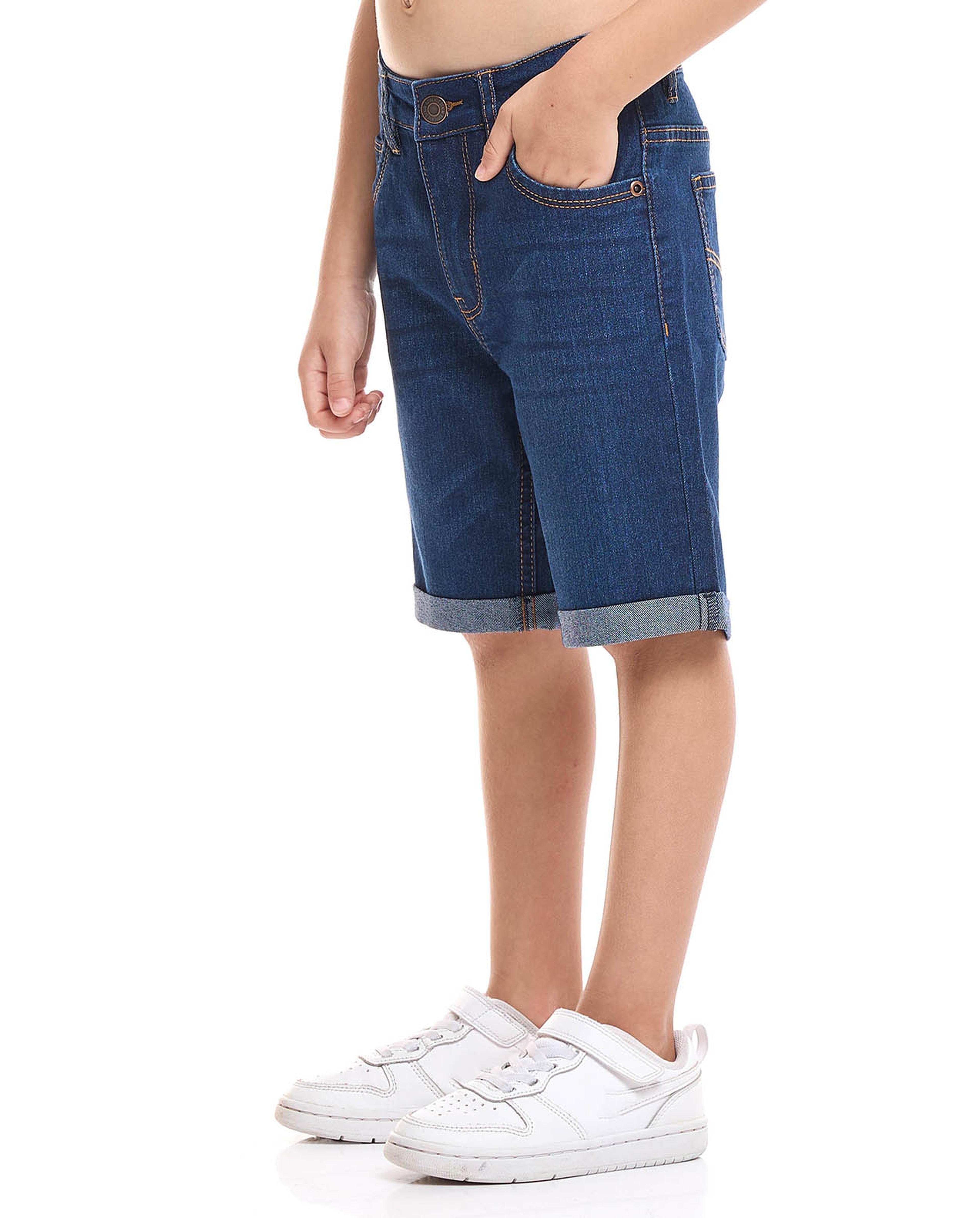 Washed Denim Shorts with Button Closure
