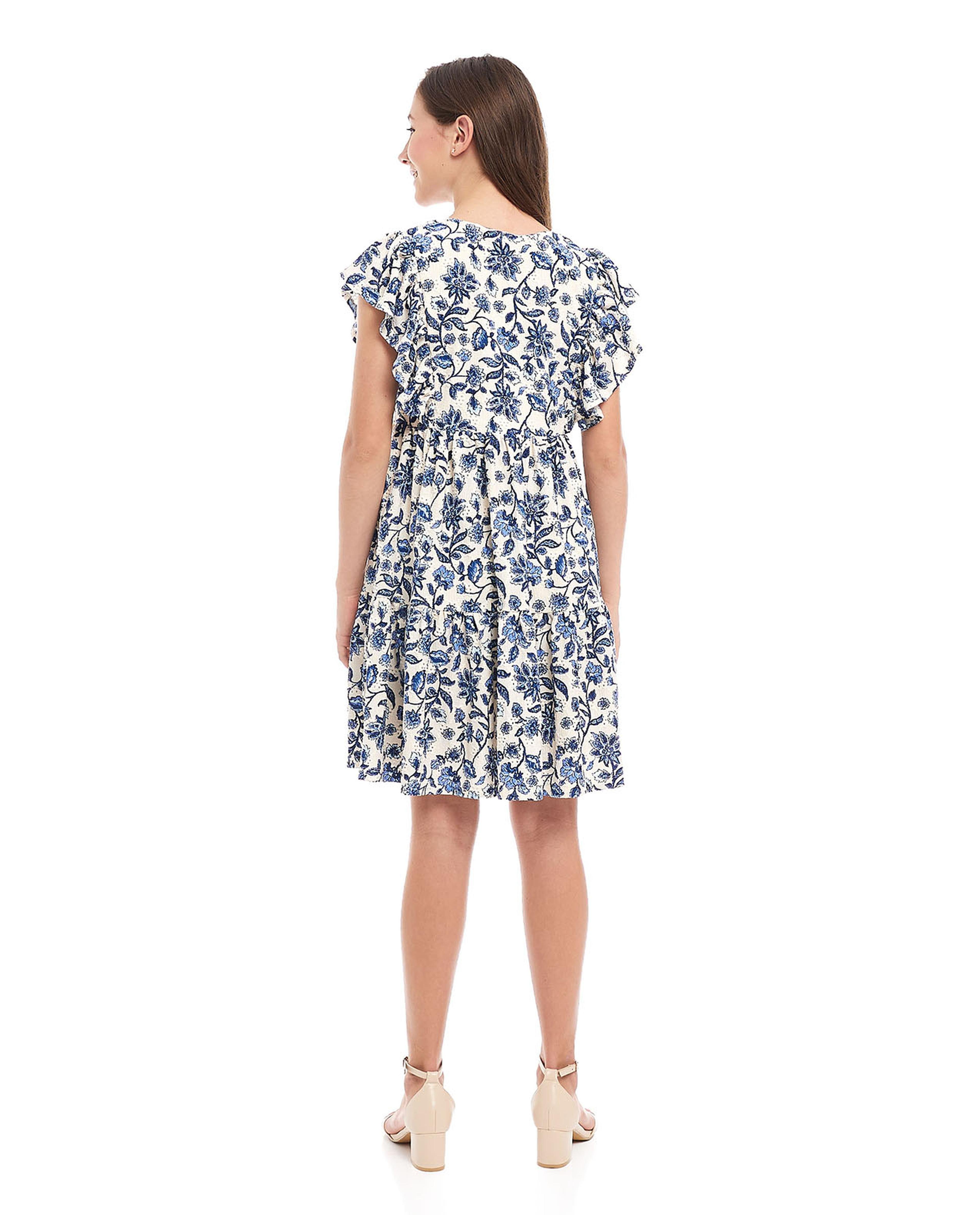 Patterned Tiered Dress with Crew Neck and Flutter Sleeves
