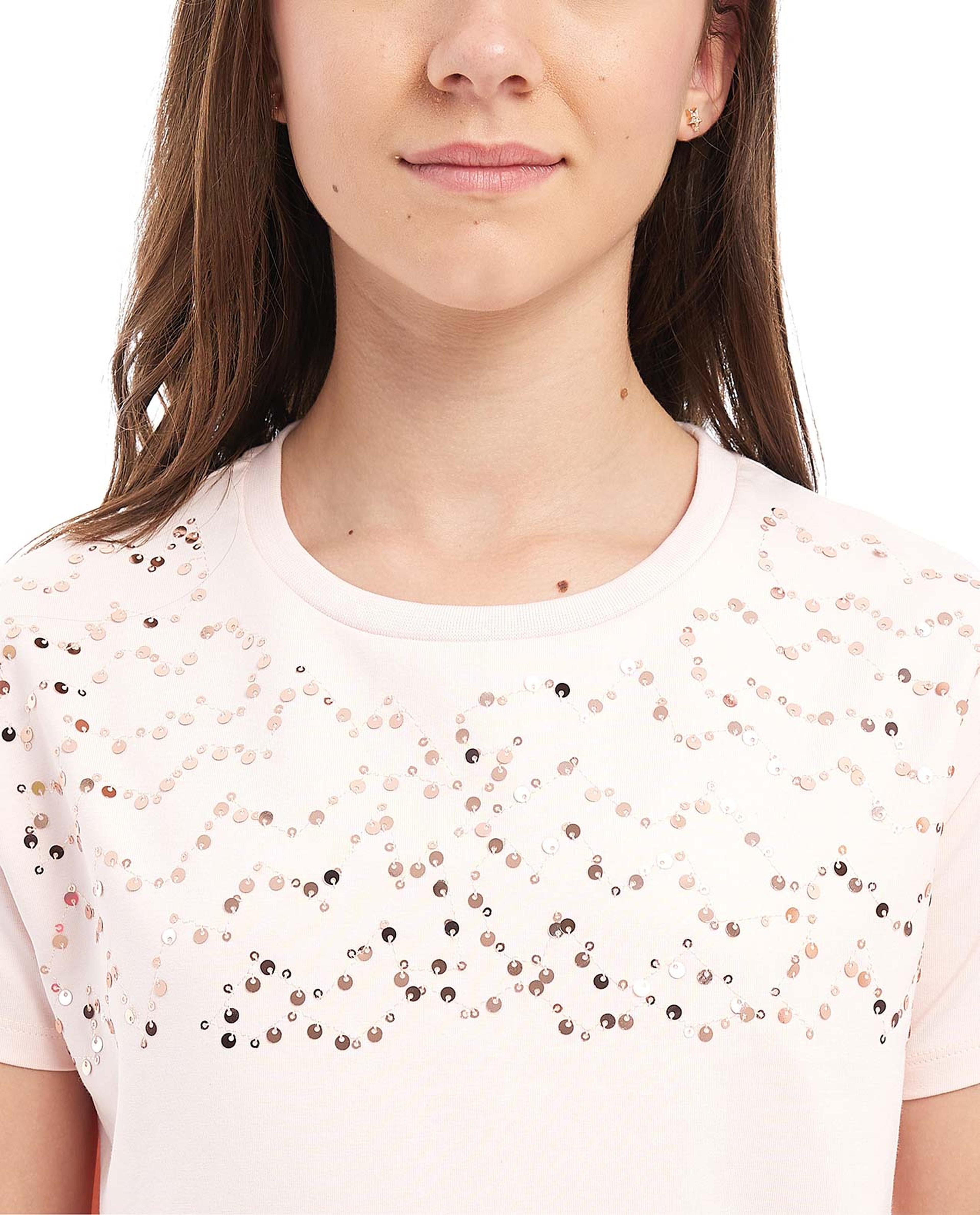 Sequined Top with Crew Neck and Short Sleeves