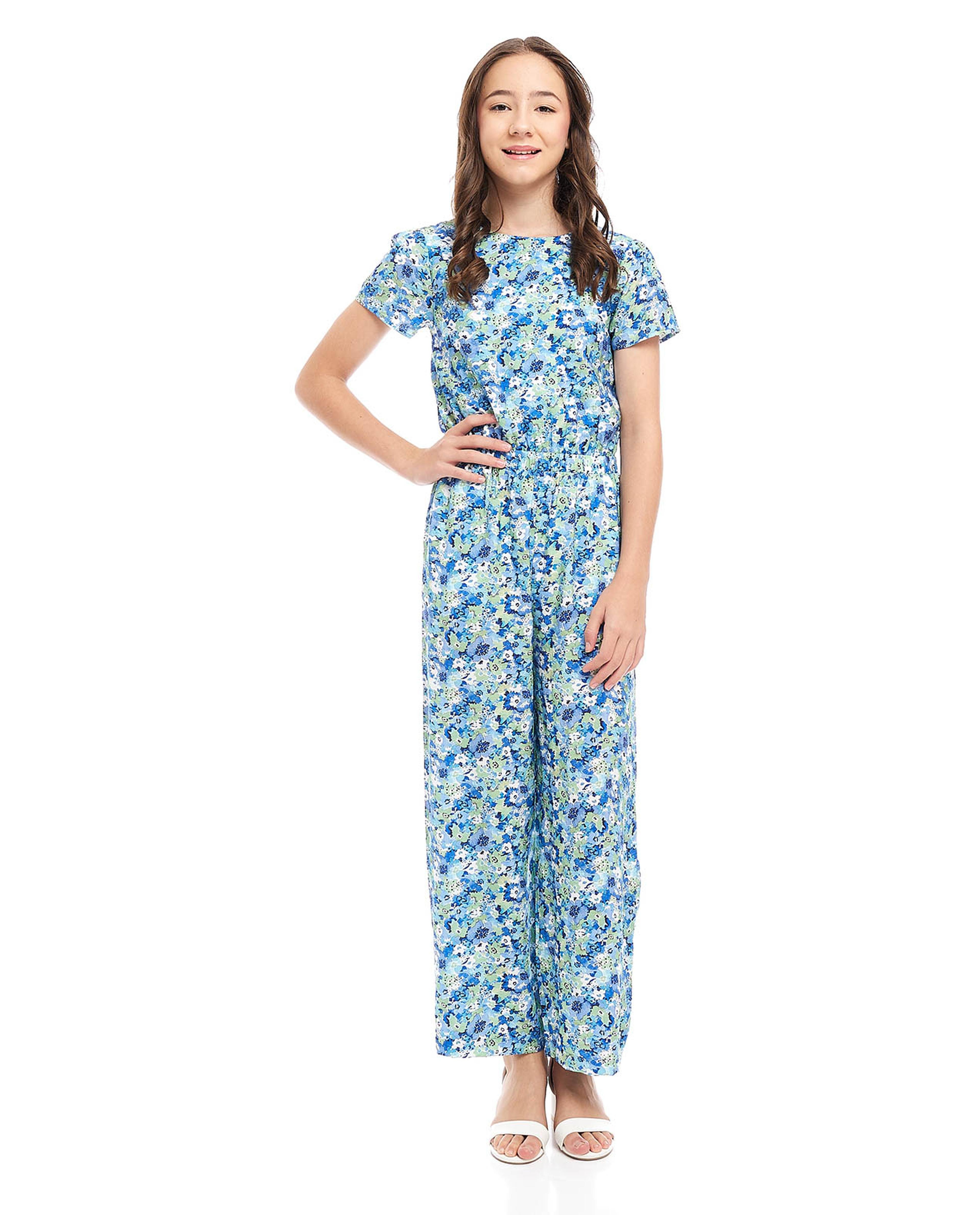 Printed Jumpsuit with Crew Neck and Short Sleeves