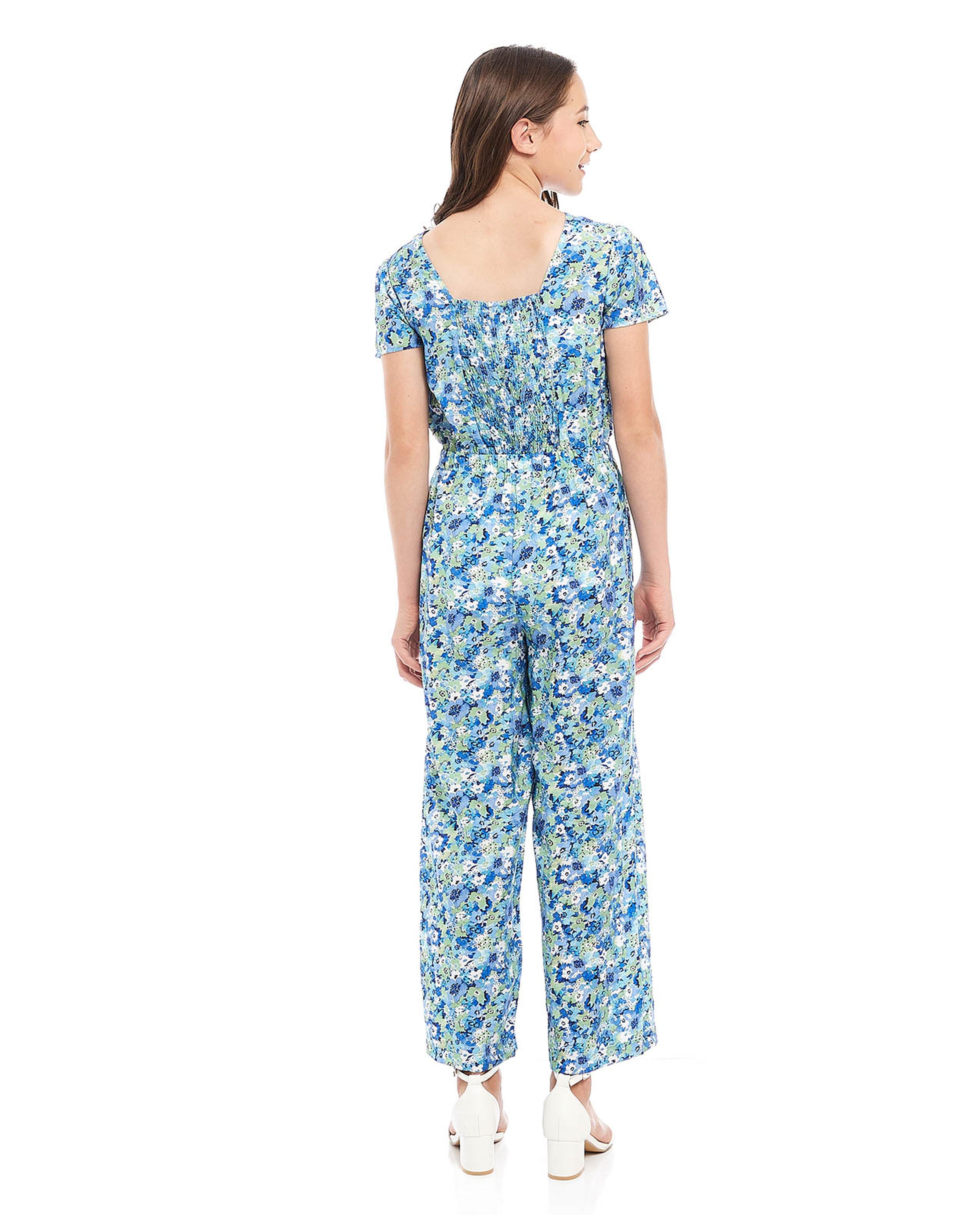 Printed Jumpsuit with Crew Neck and Short Sleeves