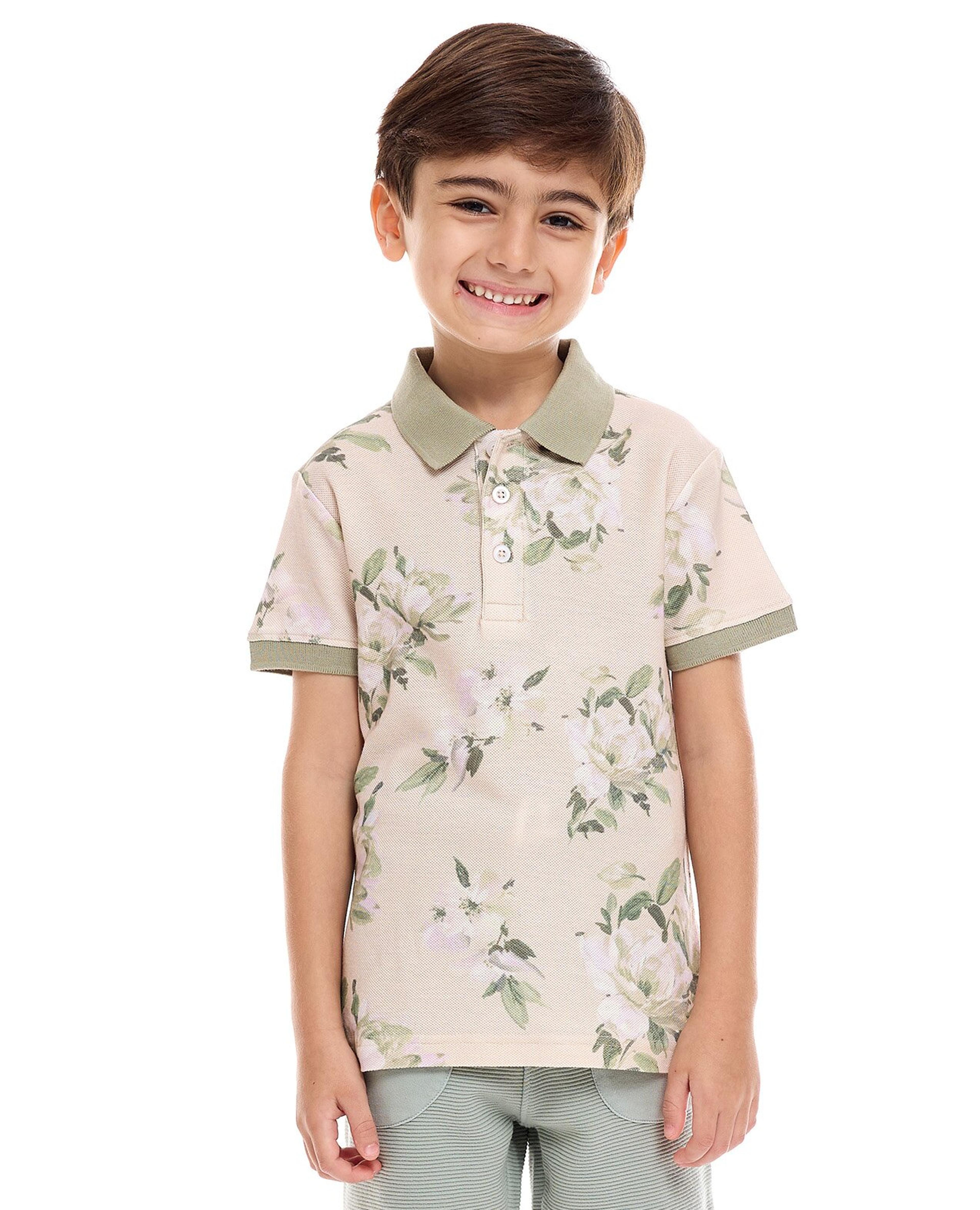Floral Print Polo T-Shirt with Short Sleeves