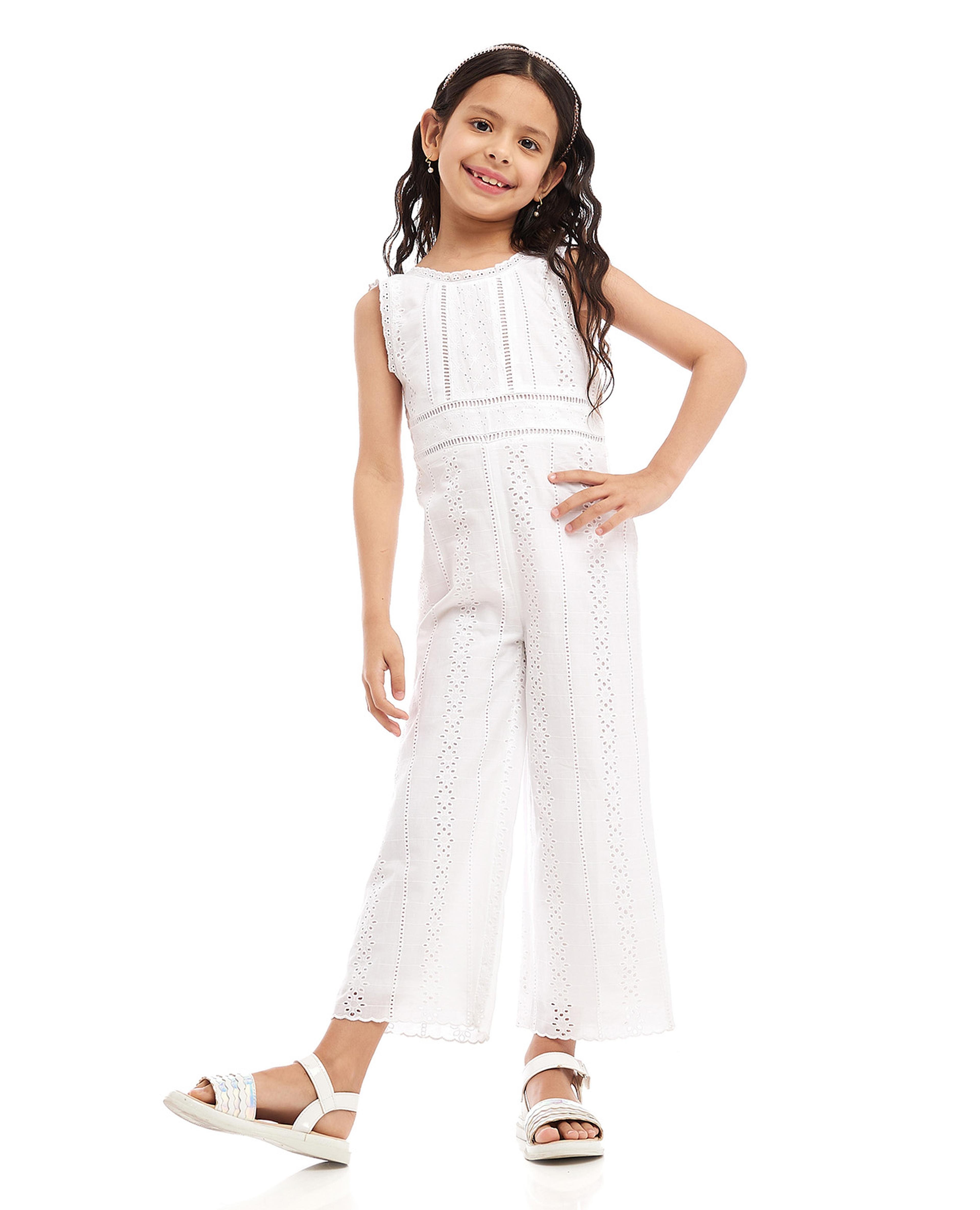 Schiffli Jumpsuit with Crew Neck and Flutter Sleeves