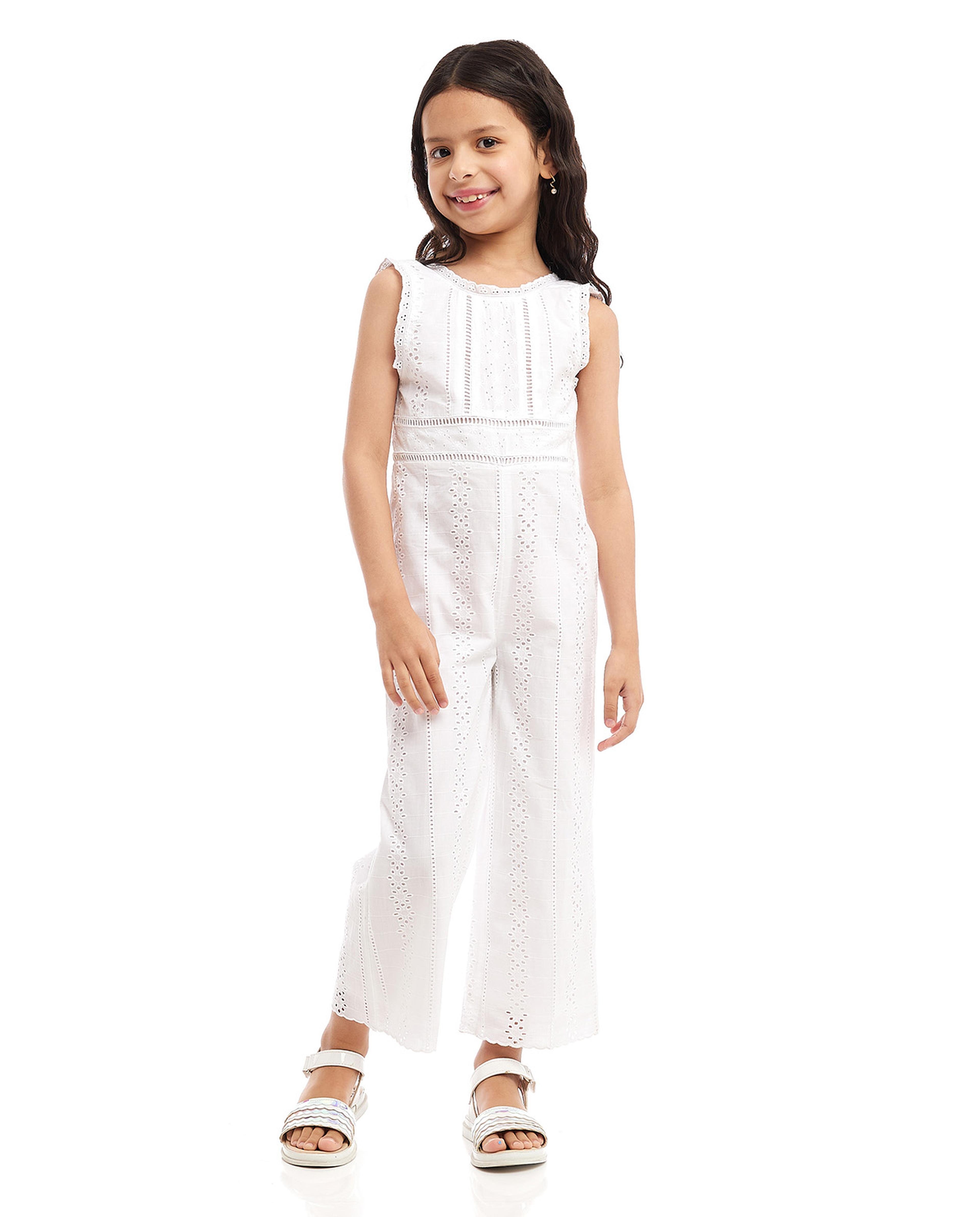 Schiffli Jumpsuit with Crew Neck and Flutter Sleeves