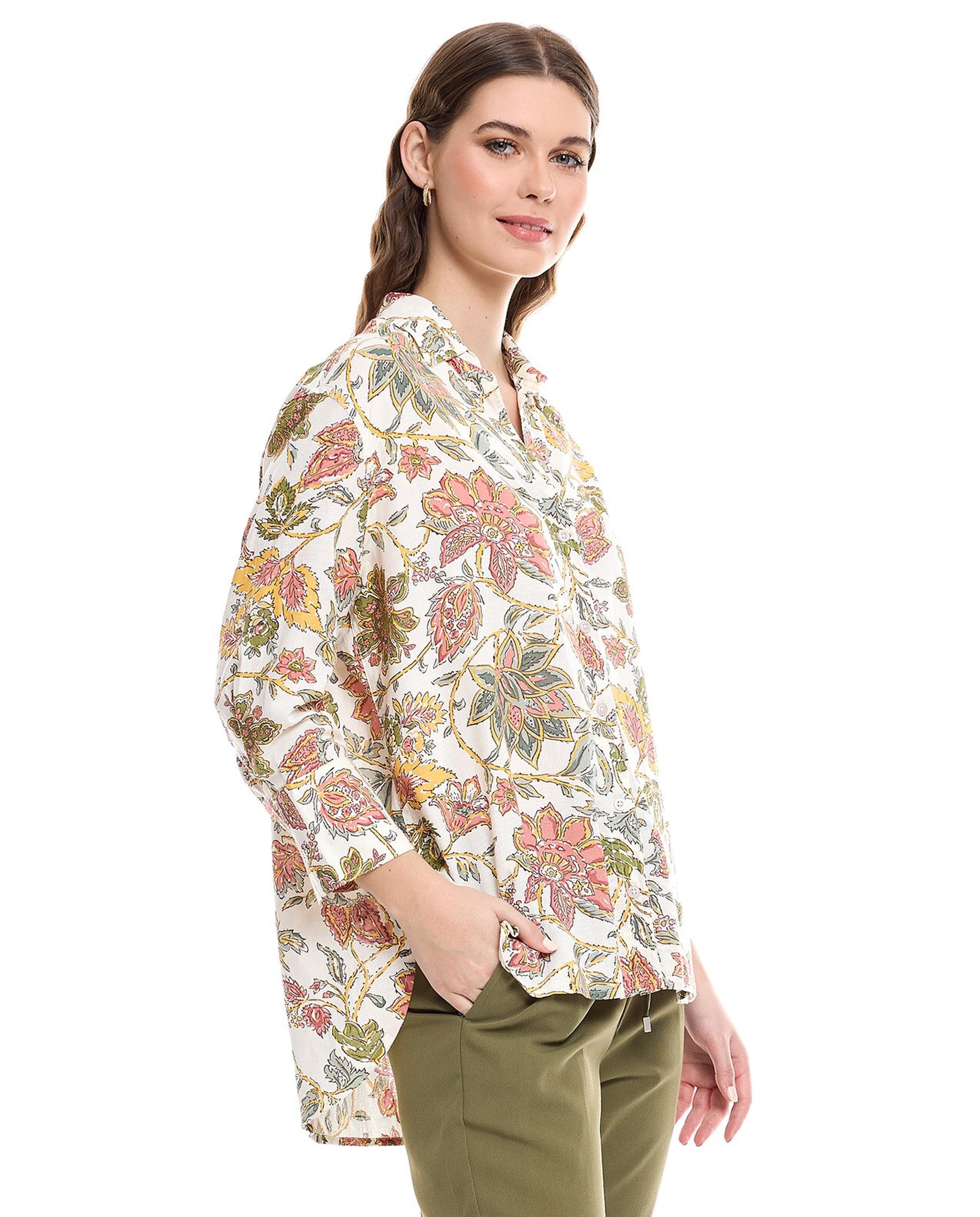 Printed Shirt with Spread Collar and Long Sleeves