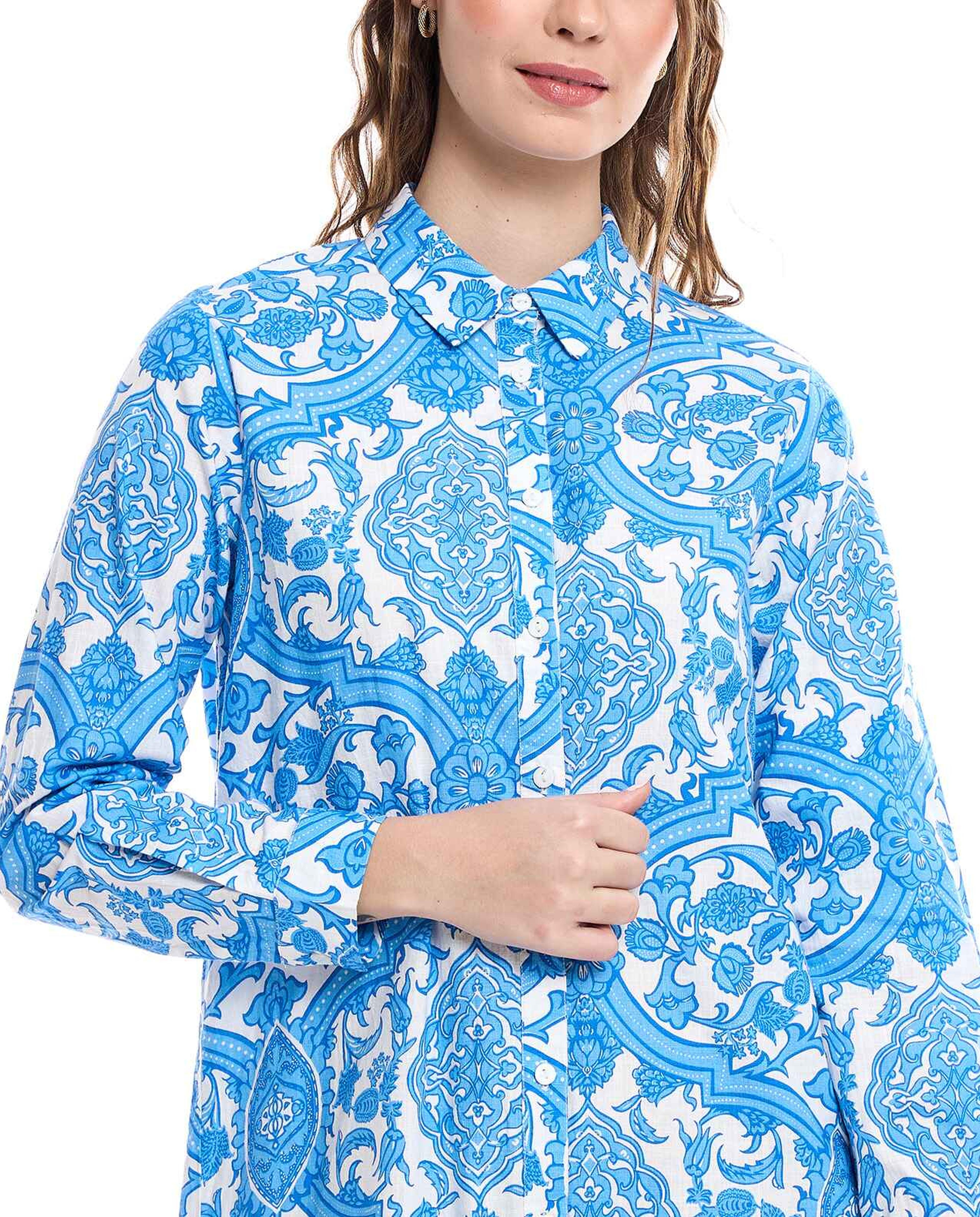 Patterned Tunic with Classic Collar and Long Sleeves