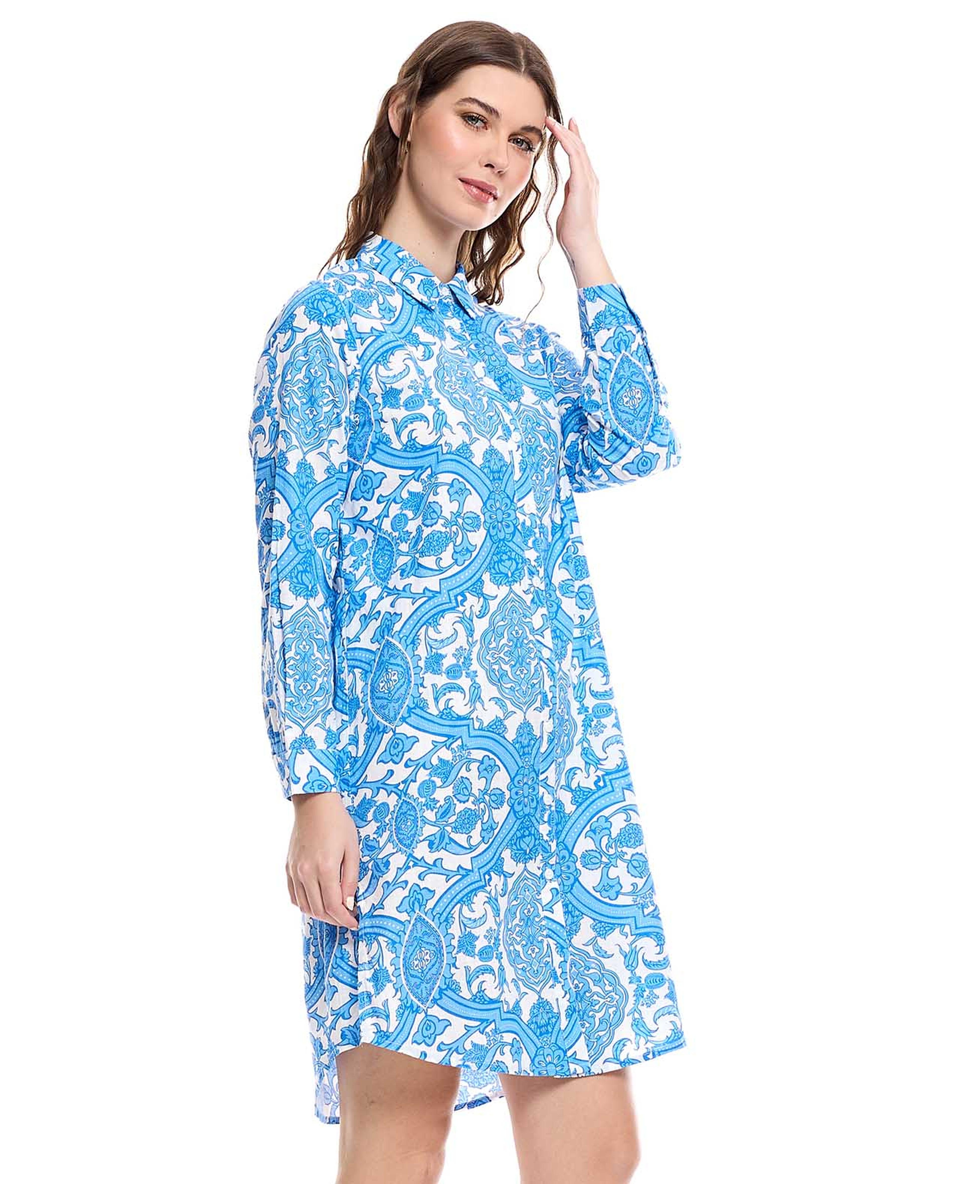 Patterned Tunic with Classic Collar and Long Sleeves